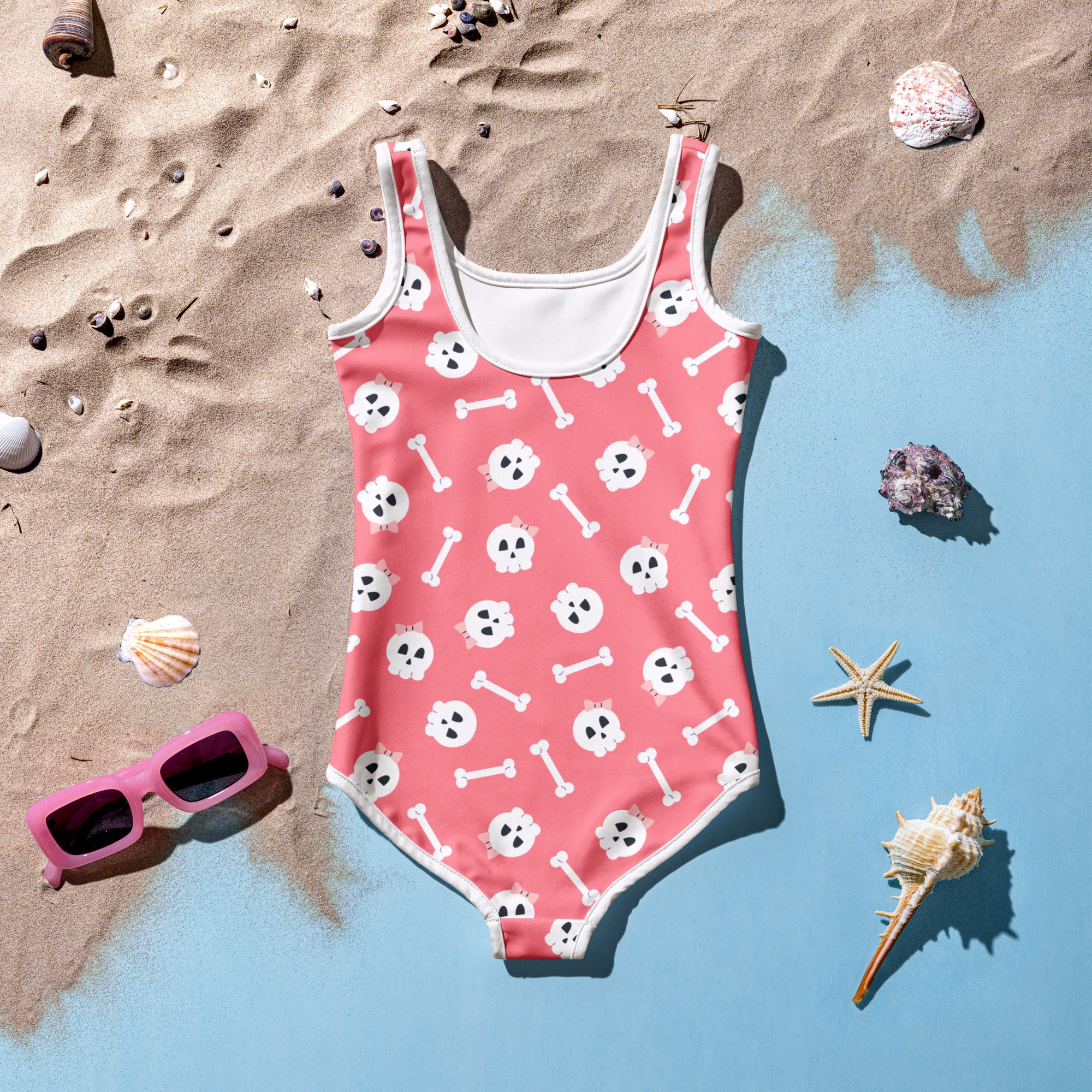Girls Pink Skulls Halloween One Piece Swimsuit – Buttery Soft UPF 50+ Sun Protection, Quick Dry, Double Layered Front & 4-Way Stretch