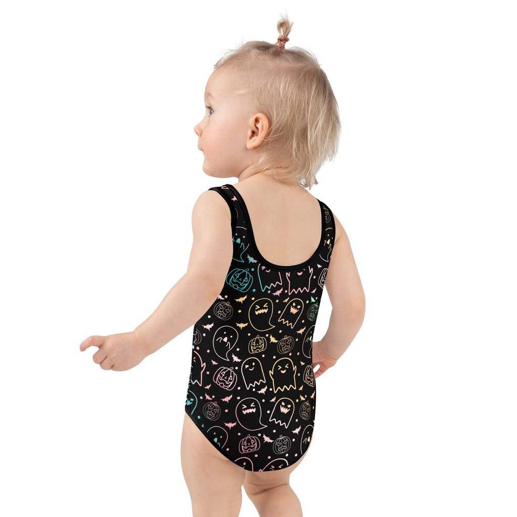 Girls Colorful Pastel Ghost Halloween One Piece Swimsuit – Buttery Soft UPF 50+ Sun Protection, Quick Dry, Double Layered Front & 4-Way Stretch