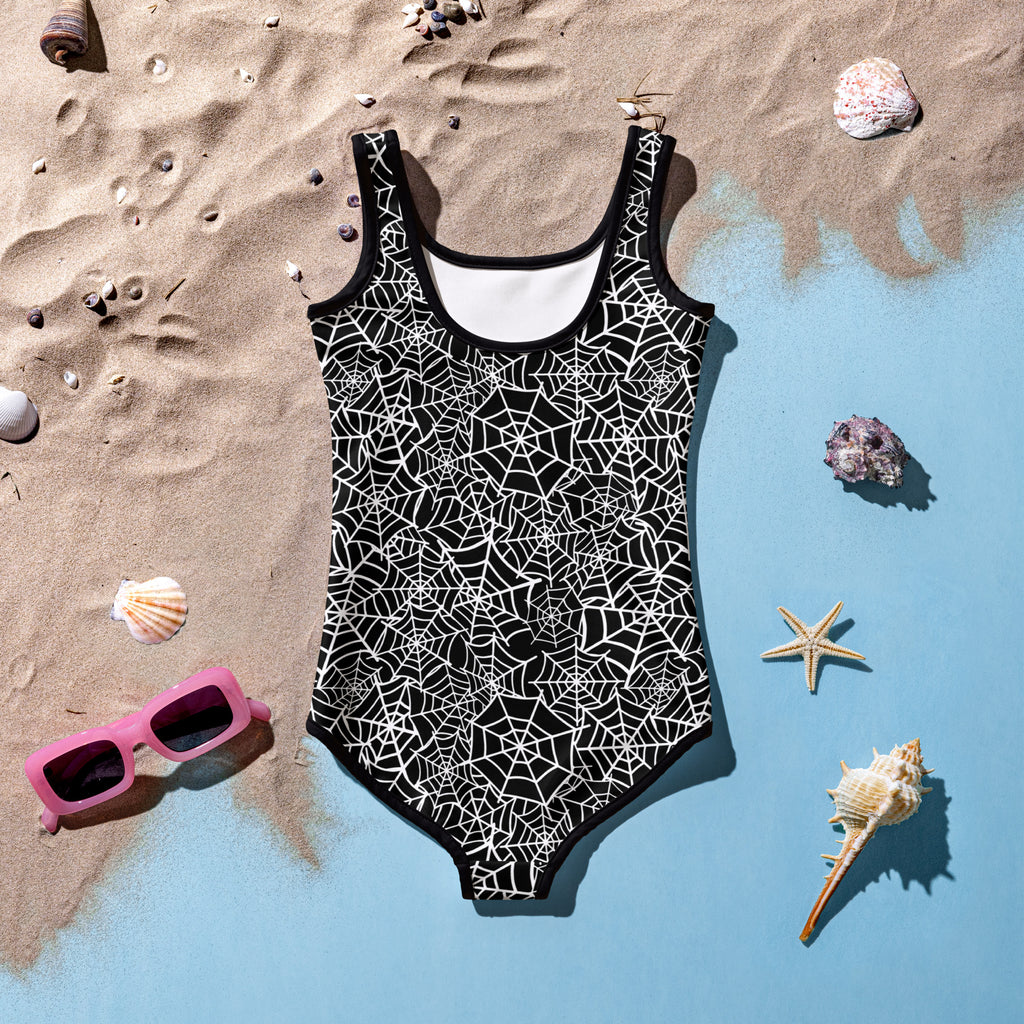 Girls Spiderweb Halloween One Piece Swimsuit – Buttery Soft UPF 50+ Sun Protection, Quick Dry, Double Layered Front & 4-Way Stretch