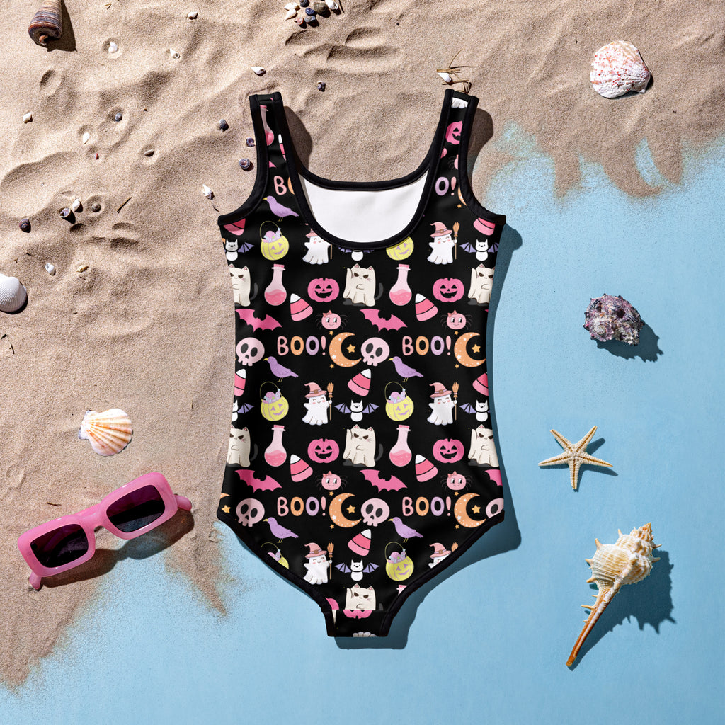 Girls Cute Halloween One Piece Swimsuit – Buttery Soft UPF 50+ Sun Protection, Quick Dry, Double Layered Front & 4-Way Stretch