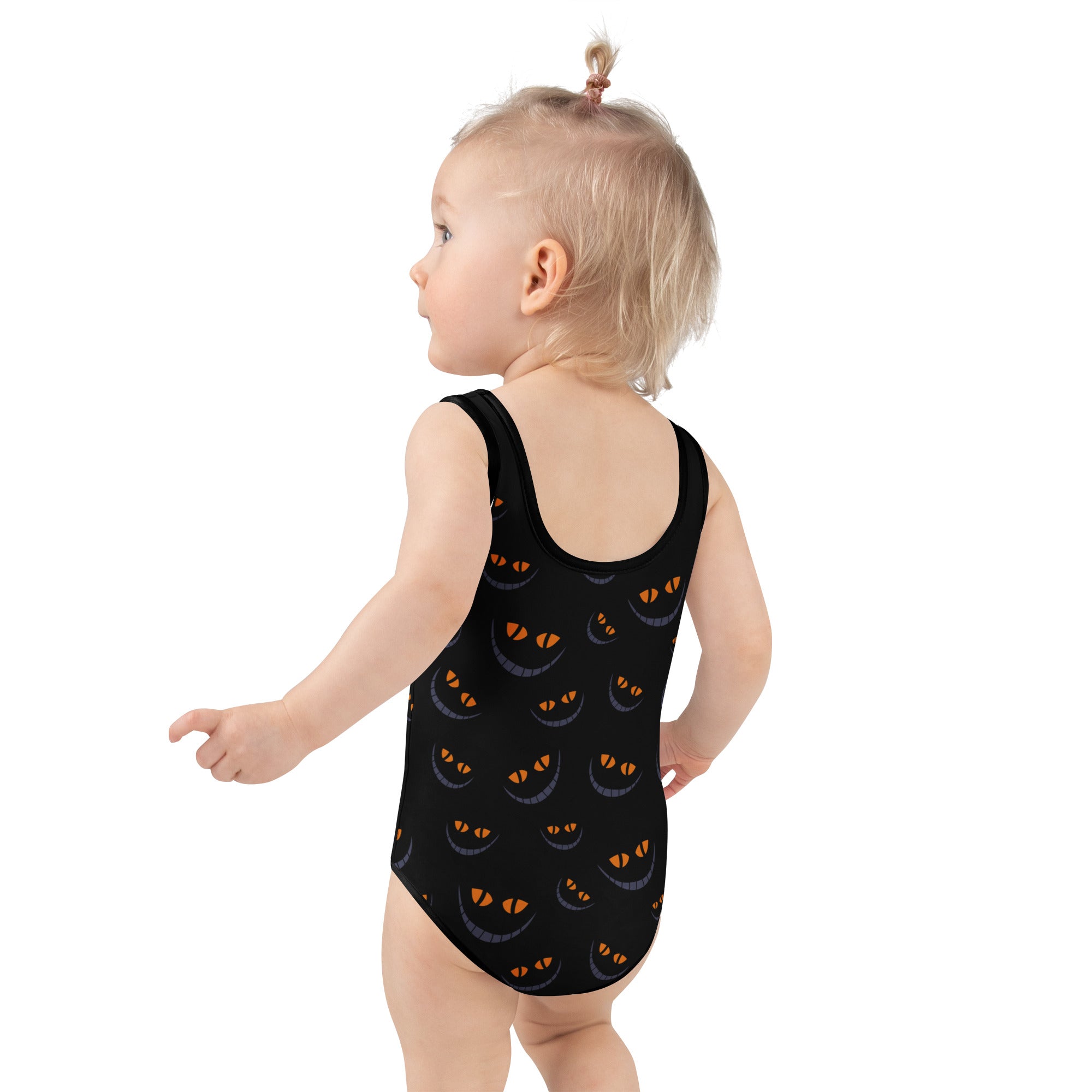Girls Black Spooky Cat Eyes Halloween One Piece Swimsuit – Buttery Soft UPF 50+ Sun Protection, Quick Dry, Double Layered Front & 4-Way Stretch