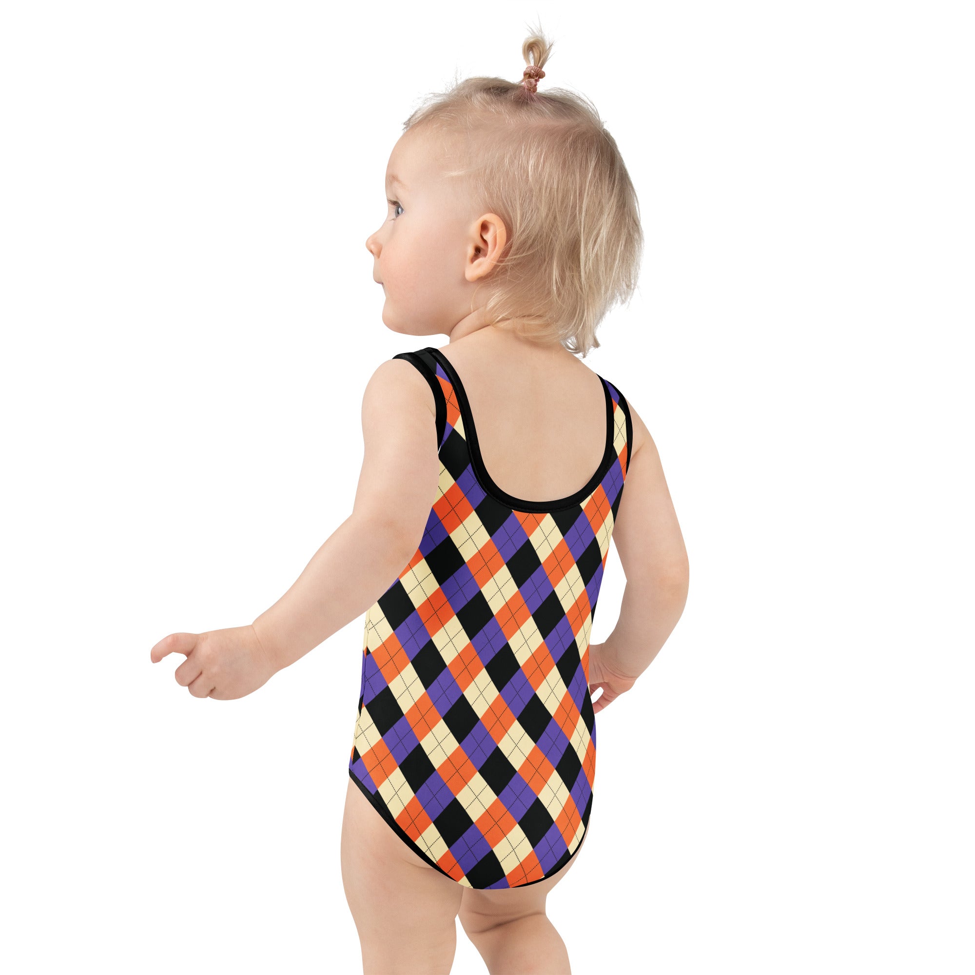 Girls Orange Purple Argyle Halloween One Piece Swimsuit – Buttery Soft UPF 50+ Sun Protection, Quick Dry, Double Layered Front & 4-Way Stretch