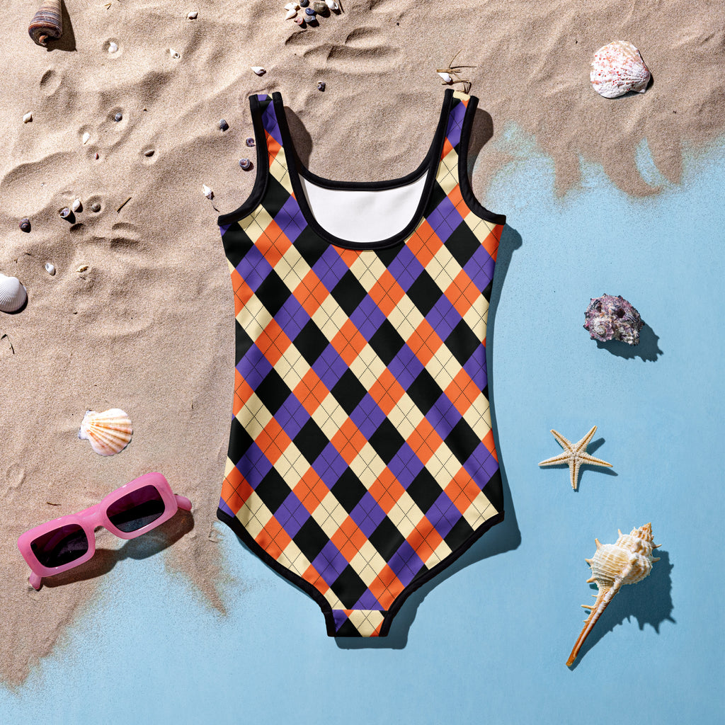 Girls Orange Purple Argyle Halloween One Piece Swimsuit – Buttery Soft UPF 50+ Sun Protection, Quick Dry, Double Layered Front & 4-Way Stretch