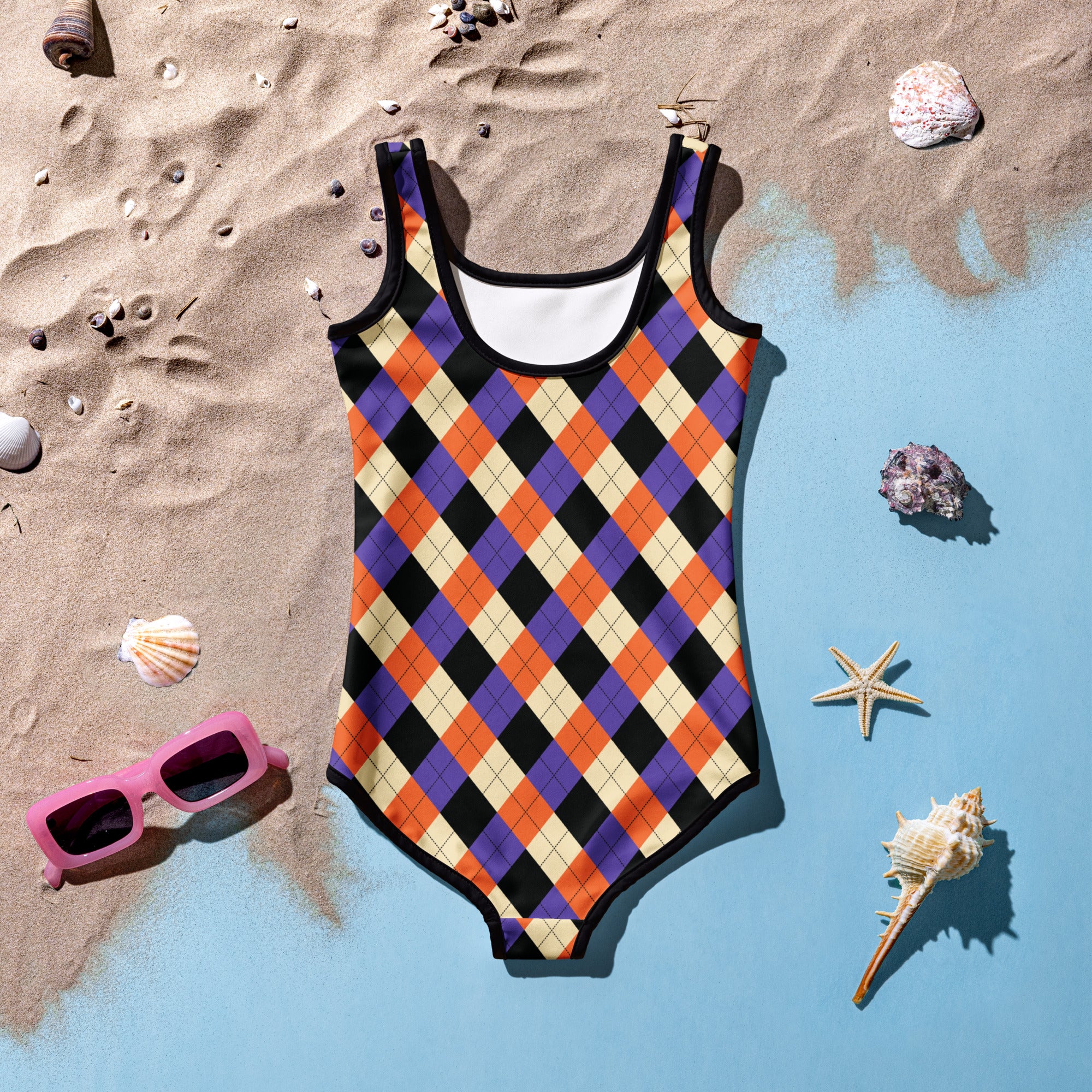 Girls Orange Purple Argyle Halloween One Piece Swimsuit – Buttery Soft UPF 50+ Sun Protection, Quick Dry, Double Layered Front & 4-Way Stretch