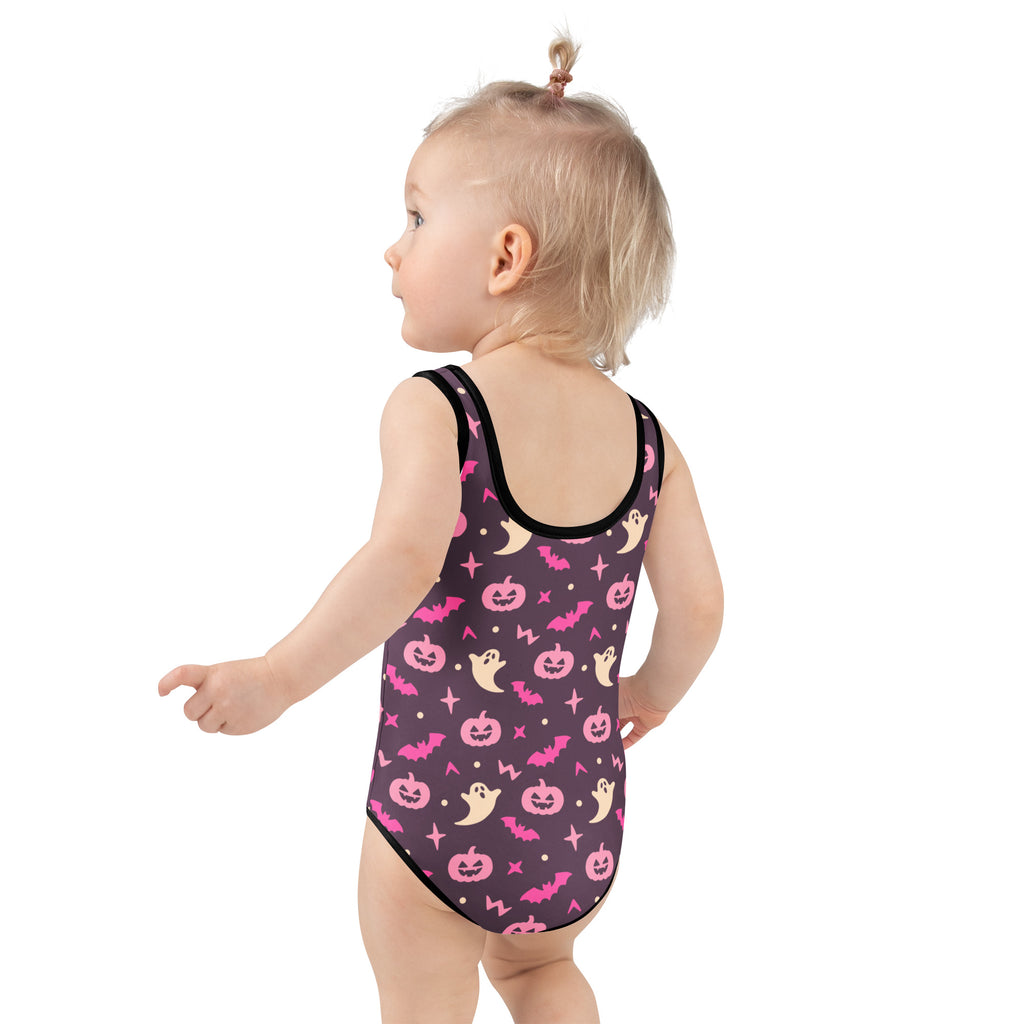 Girls Ghosts & Pumpkins Halloween One Piece Swimsuit – Buttery Soft UPF 50+ Sun Protection, Quick Dry, Double Layered Front & 4-Way Stretch