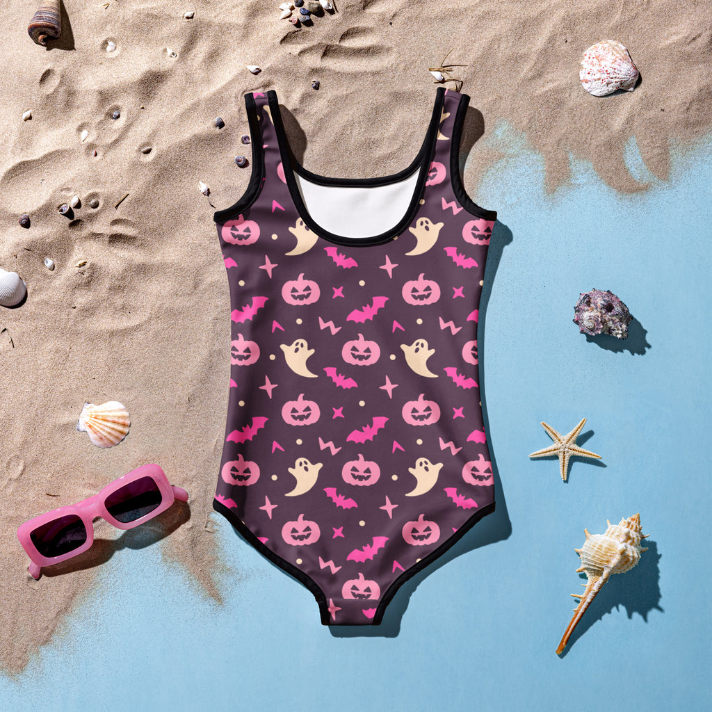Girls Ghosts & Pumpkins Halloween One Piece Swimsuit – Buttery Soft UPF 50+ Sun Protection, Quick Dry, Double Layered Front & 4-Way Stretch