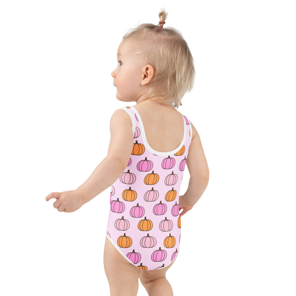 Girls Pink & Orange Pumpkin One Piece Swimsuit – Buttery Soft UPF 50+ Sun Protection, Quick Dry, Double Layered Front & 4-Way Stretch