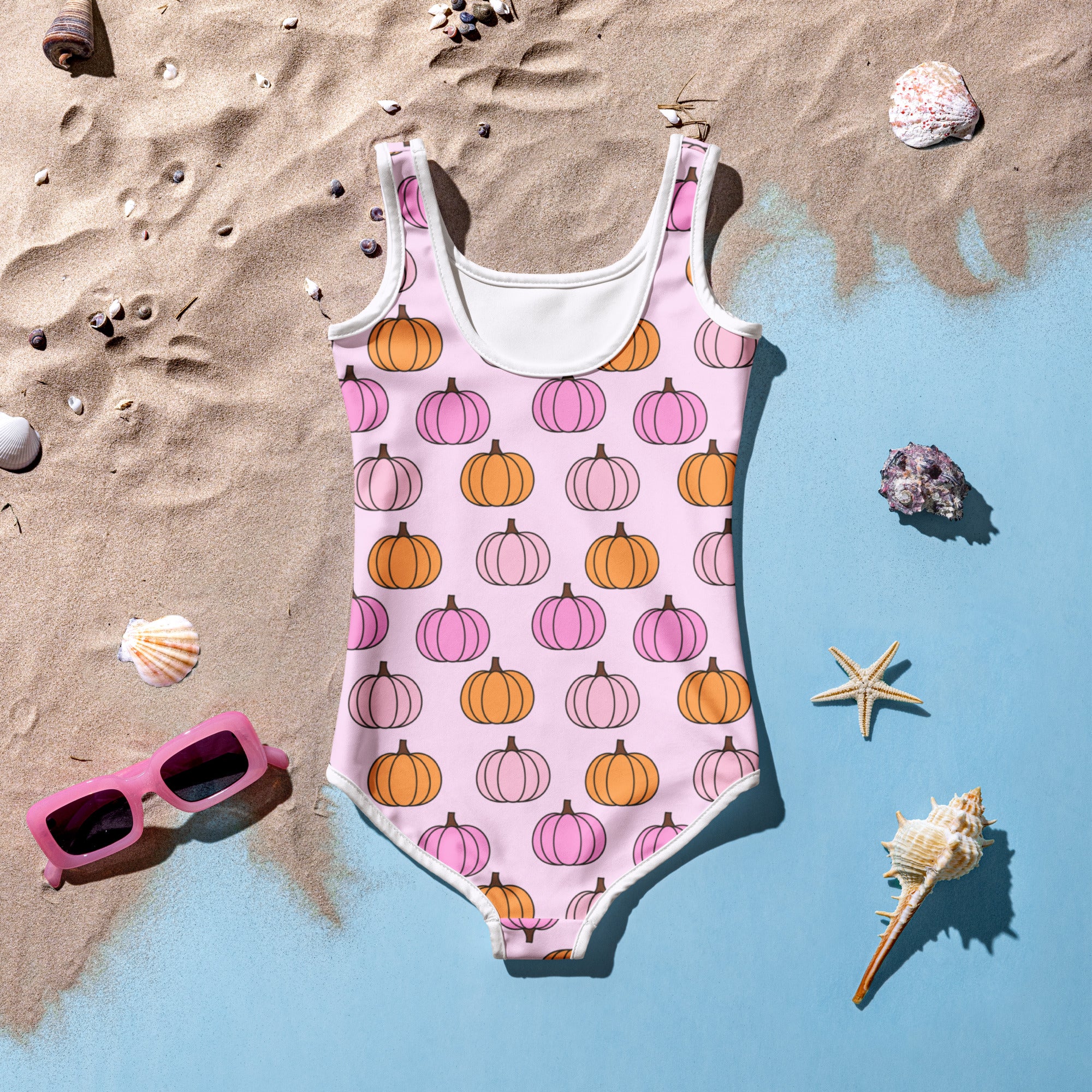 Girls Pink & Orange Pumpkin One Piece Swimsuit – Buttery Soft UPF 50+ Sun Protection, Quick Dry, Double Layered Front & 4-Way Stretch
