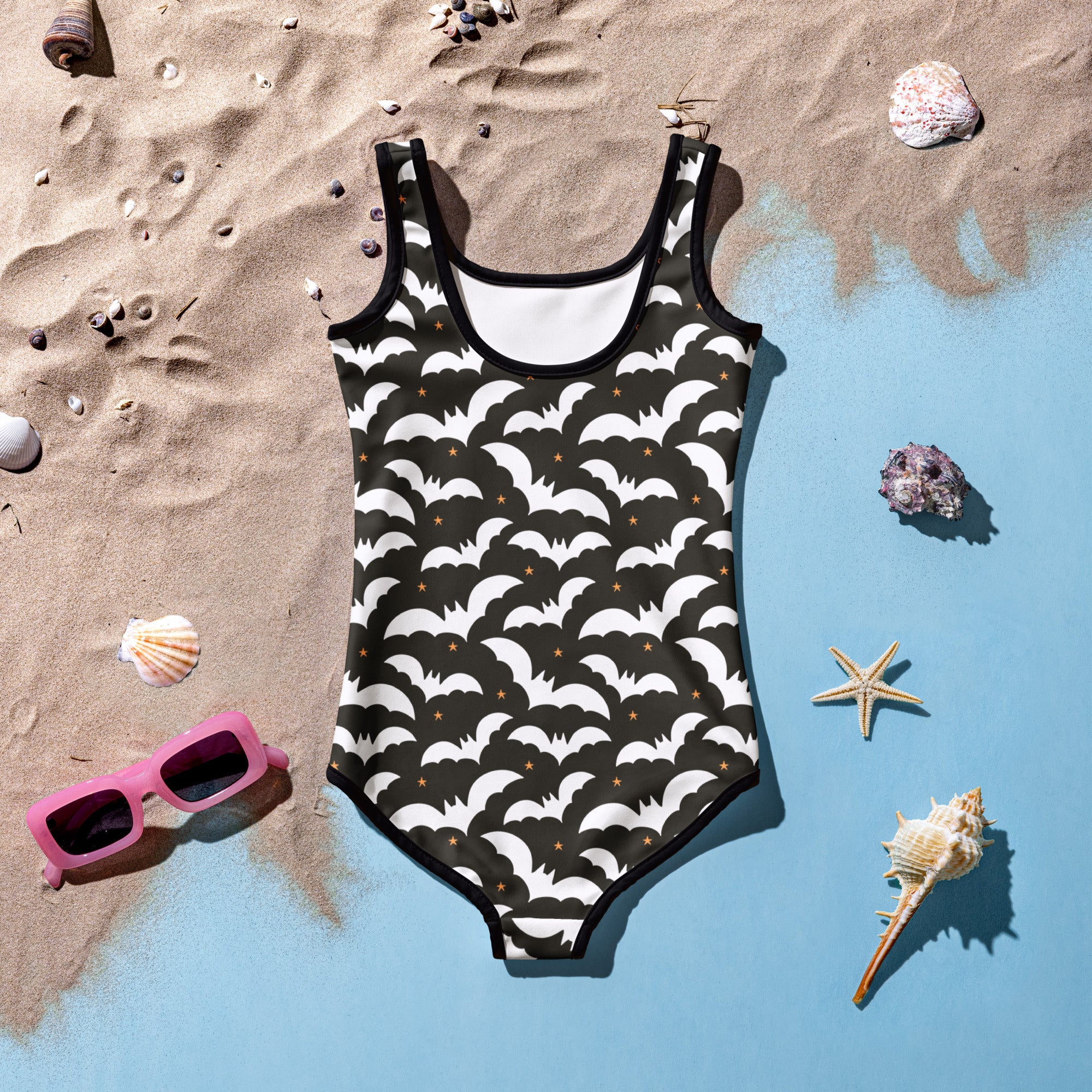 Girls Halloween Bats One Piece Swimsuit – Buttery Soft UPF 50+ Sun Protection, Quick Dry, Double Layered Front & 4-Way Stretch