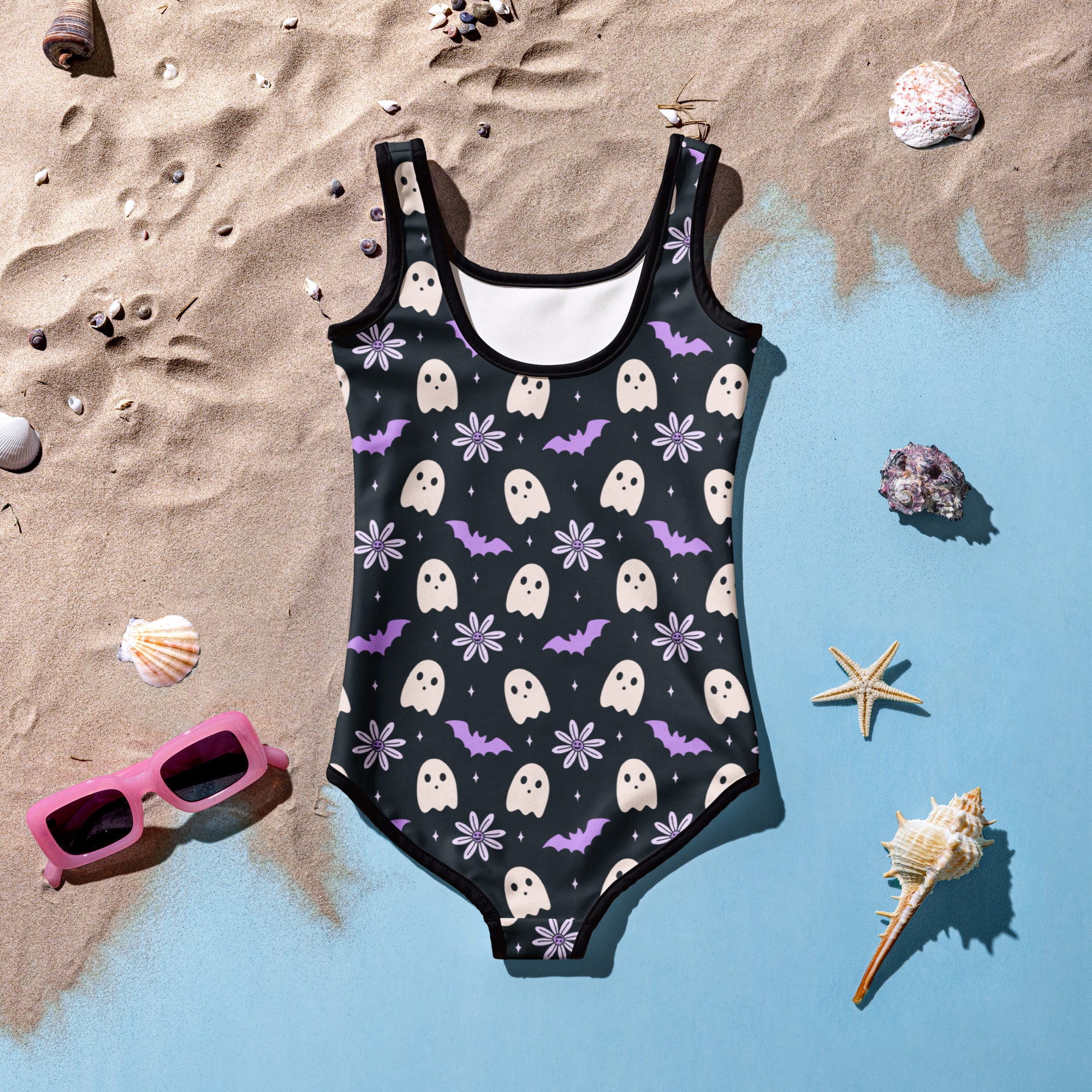 Girls Purple Floral Halloween One Piece Swimsuit – Buttery Soft UPF 50+ Sun Protection, Quick Dry, Double Layered Front & 4-Way Stretch