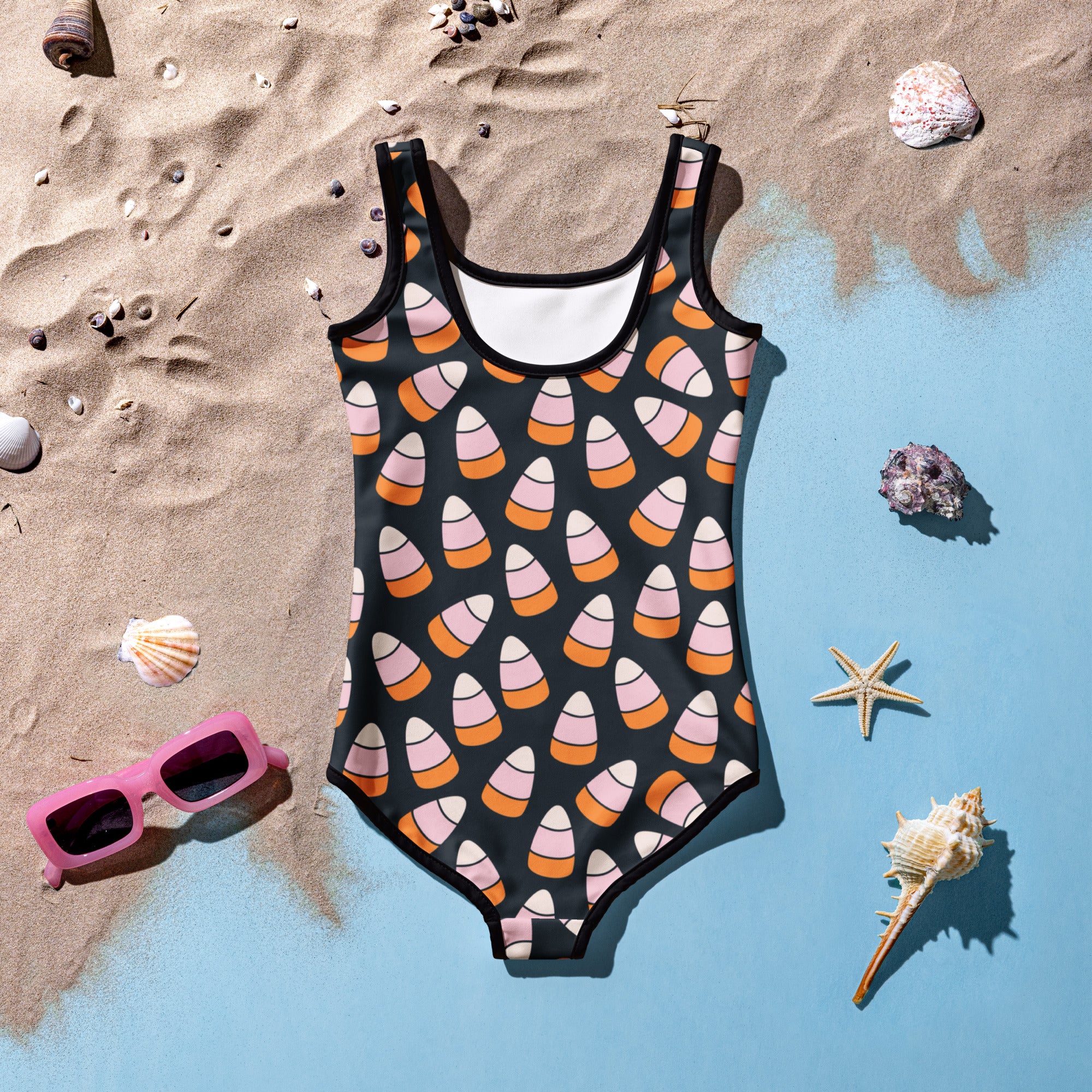 Girls Pink Candy Corn Halloween One Piece Swimsuit – Buttery Soft UPF 50+ Sun Protection, Quick Dry, Double Layered Front & 4-Way Stretch