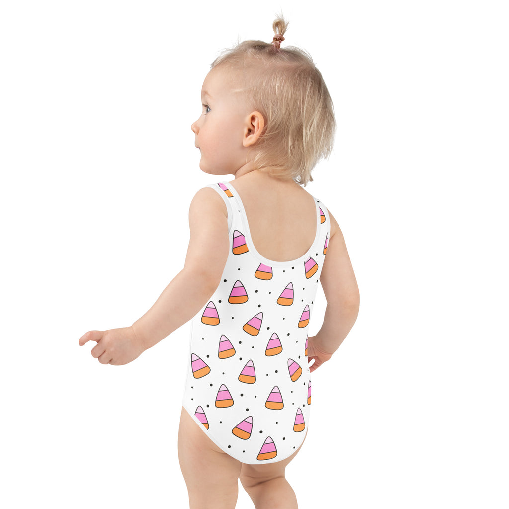Girls White Candy Corn Halloween One Piece Swimsuit – Buttery Soft UPF 50+ Sun Protection, Quick Dry, Double Layered Front & 4-Way Stretch