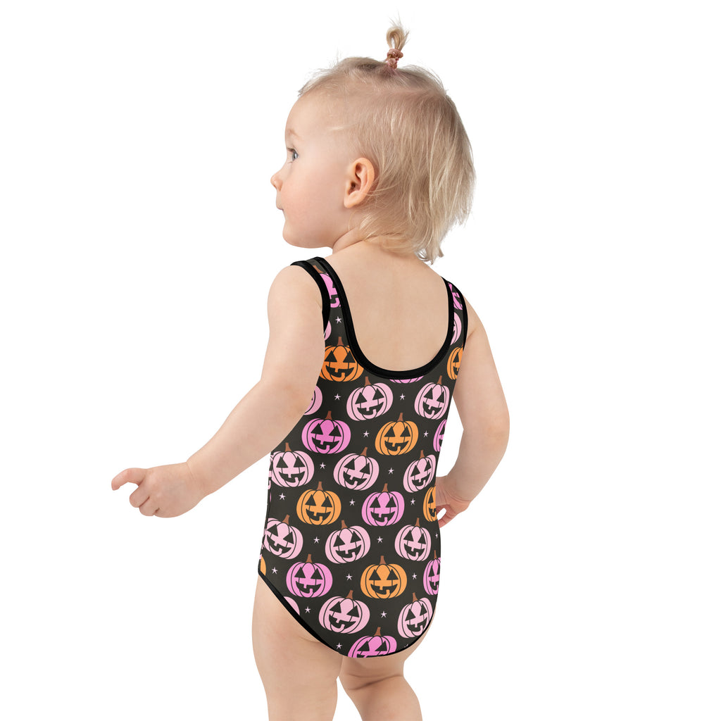 Girls Pink & Orange Jack O’ Lantern Halloween One Piece Swimsuit – Buttery Soft UPF 50+ Sun Protection, Quick Dry, Double Layered Front & 4-Way Stretch