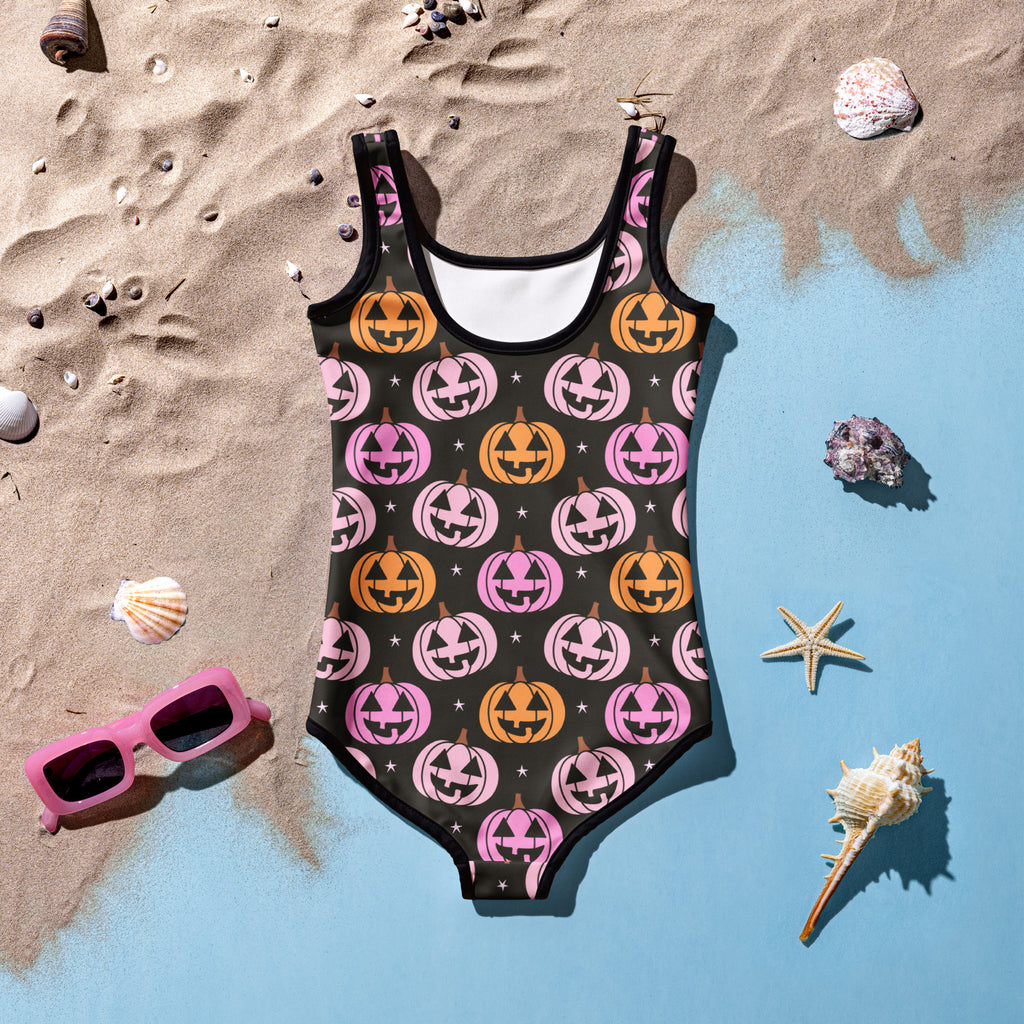 Girls Pink & Orange Jack O’ Lantern Halloween One Piece Swimsuit – Buttery Soft UPF 50+ Sun Protection, Quick Dry, Double Layered Front & 4-Way Stretch