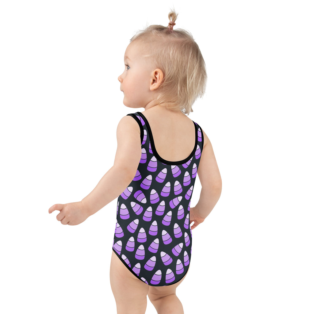 Girls Purple Candy Corn Halloween One Piece Swimsuit – Buttery Soft UPF 50+ Sun Protection, Quick Dry, Double Layered Front & 4-Way Stretch