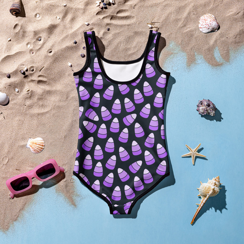 Girls Purple Candy Corn Halloween One Piece Swimsuit – Buttery Soft UPF 50+ Sun Protection, Quick Dry, Double Layered Front & 4-Way Stretch