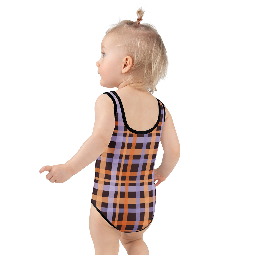 Girls Orange & Purple Halloween Plaid One Piece Swimsuit – Buttery Soft UPF 50+ Sun Protection, Quick Dry, Double Layered Front & 4-Way Stretch