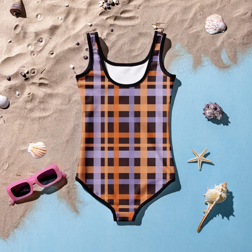 Girls Orange & Purple Halloween Plaid One Piece Swimsuit – Buttery Soft UPF 50+ Sun Protection, Quick Dry, Double Layered Front & 4-Way Stretch