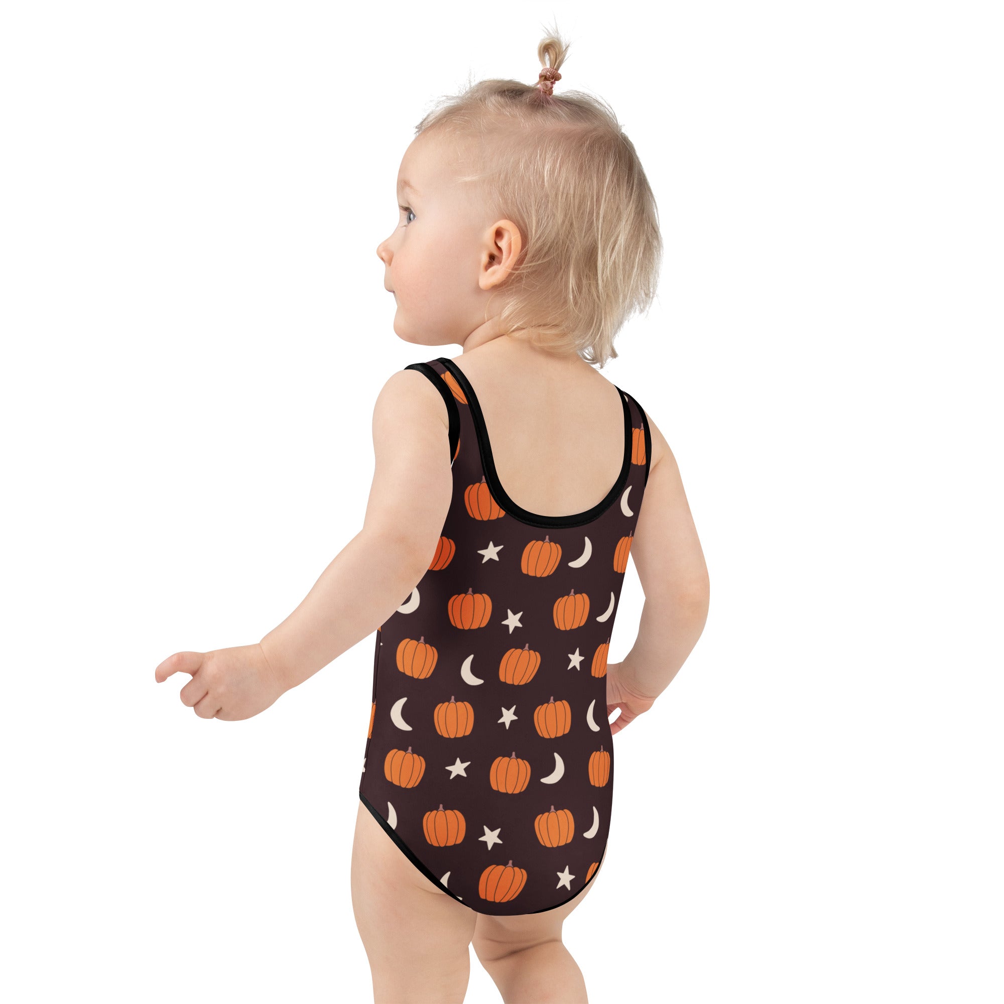 Girls Orange Pumpkin Moon & Stars Halloween One Piece Swimsuit – Buttery Soft UPF 50+ Sun Protection, Quick Dry, Double Layered Front & 4-Way Stretch