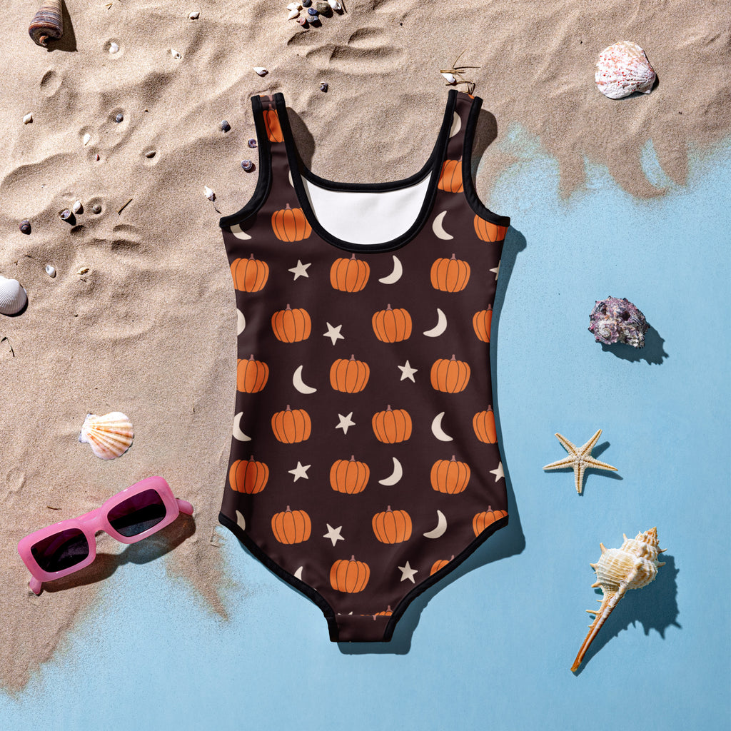Girls Orange Pumpkin Moon & Stars Halloween One Piece Swimsuit – Buttery Soft UPF 50+ Sun Protection, Quick Dry, Double Layered Front & 4-Way Stretch