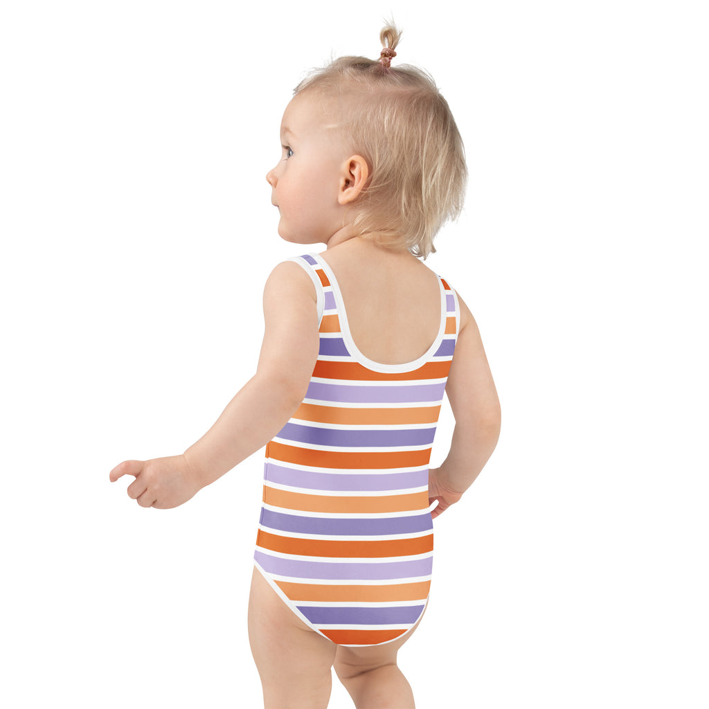 Girls Orange & Purple Striped Halloween One Piece Swimsuit – Buttery Soft UPF 50+ Sun Protection, Quick Dry, Double Layered Front & 4-Way Stretch