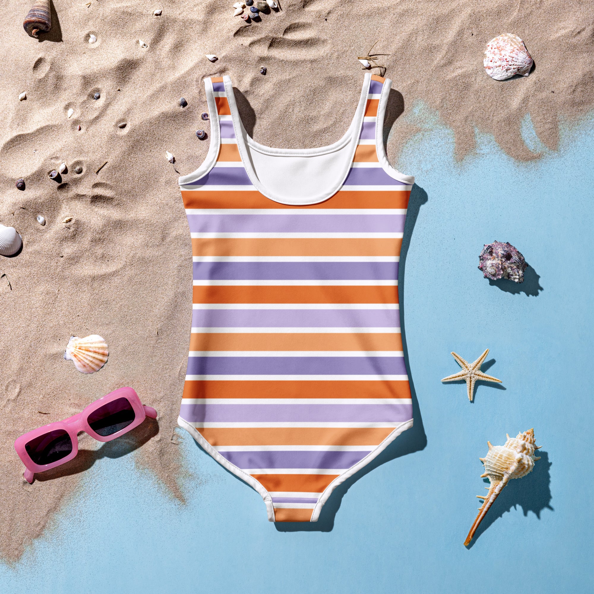 Girls Orange & Purple Striped Halloween One Piece Swimsuit – Buttery Soft UPF 50+ Sun Protection, Quick Dry, Double Layered Front & 4-Way Stretch
