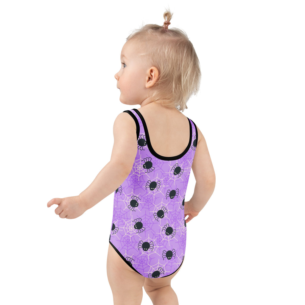 Girls Purple Spider Web Halloween One Piece Swimsuit – Buttery Soft UPF 50+ Sun Protection, Quick Dry, Double Layered Front & 4-Way Stretch