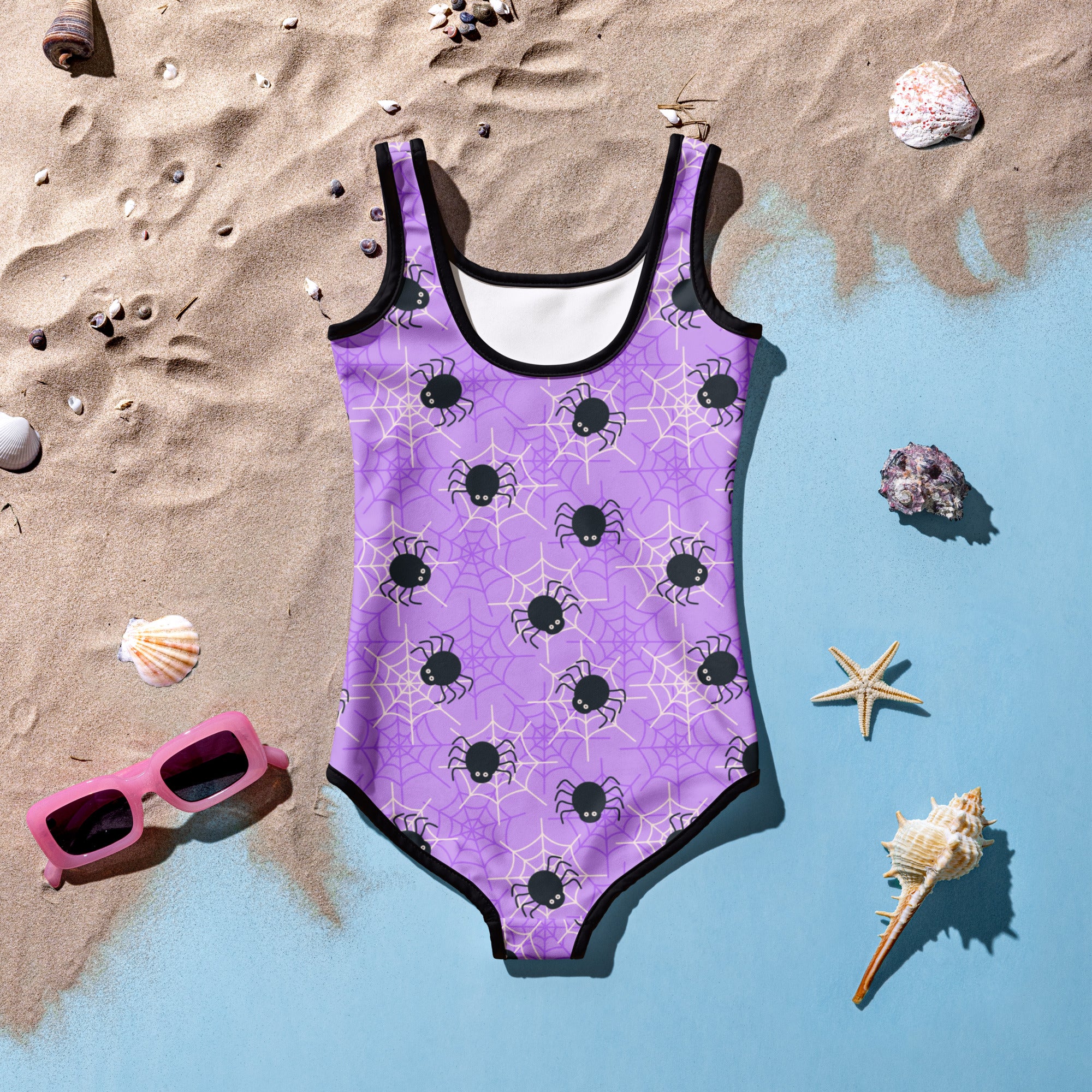 Girls Purple Spider Web Halloween One Piece Swimsuit – Buttery Soft UPF 50+ Sun Protection, Quick Dry, Double Layered Front & 4-Way Stretch