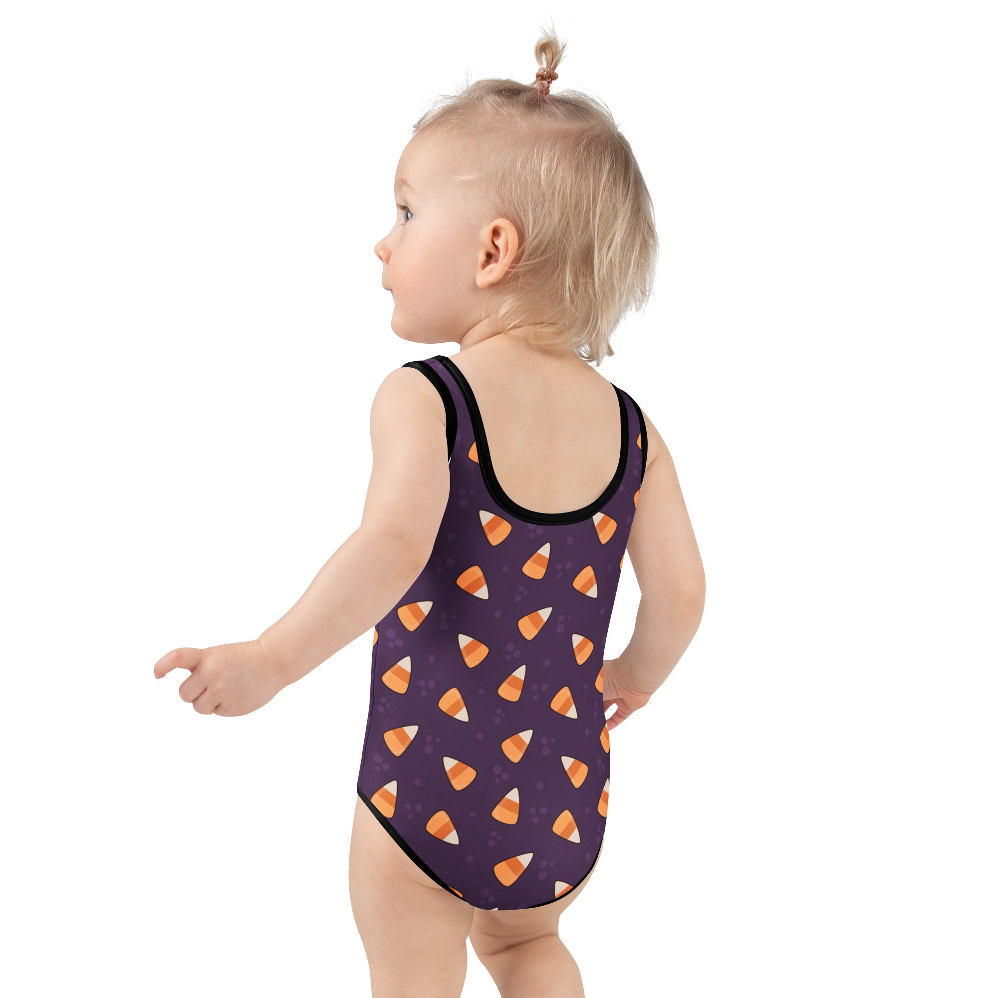 Girls Dark Purple Candy Corn Halloween One Piece Swimsuit – Buttery Soft UPF 50+ Sun Protection, Quick Dry, Double Layered Front & 4-Way Stretch