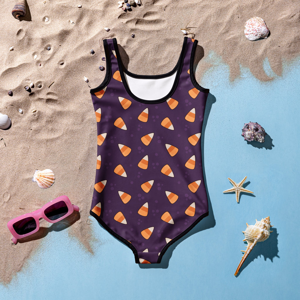 Girls Dark Purple Candy Corn Halloween One Piece Swimsuit – Buttery Soft UPF 50+ Sun Protection, Quick Dry, Double Layered Front & 4-Way Stretch