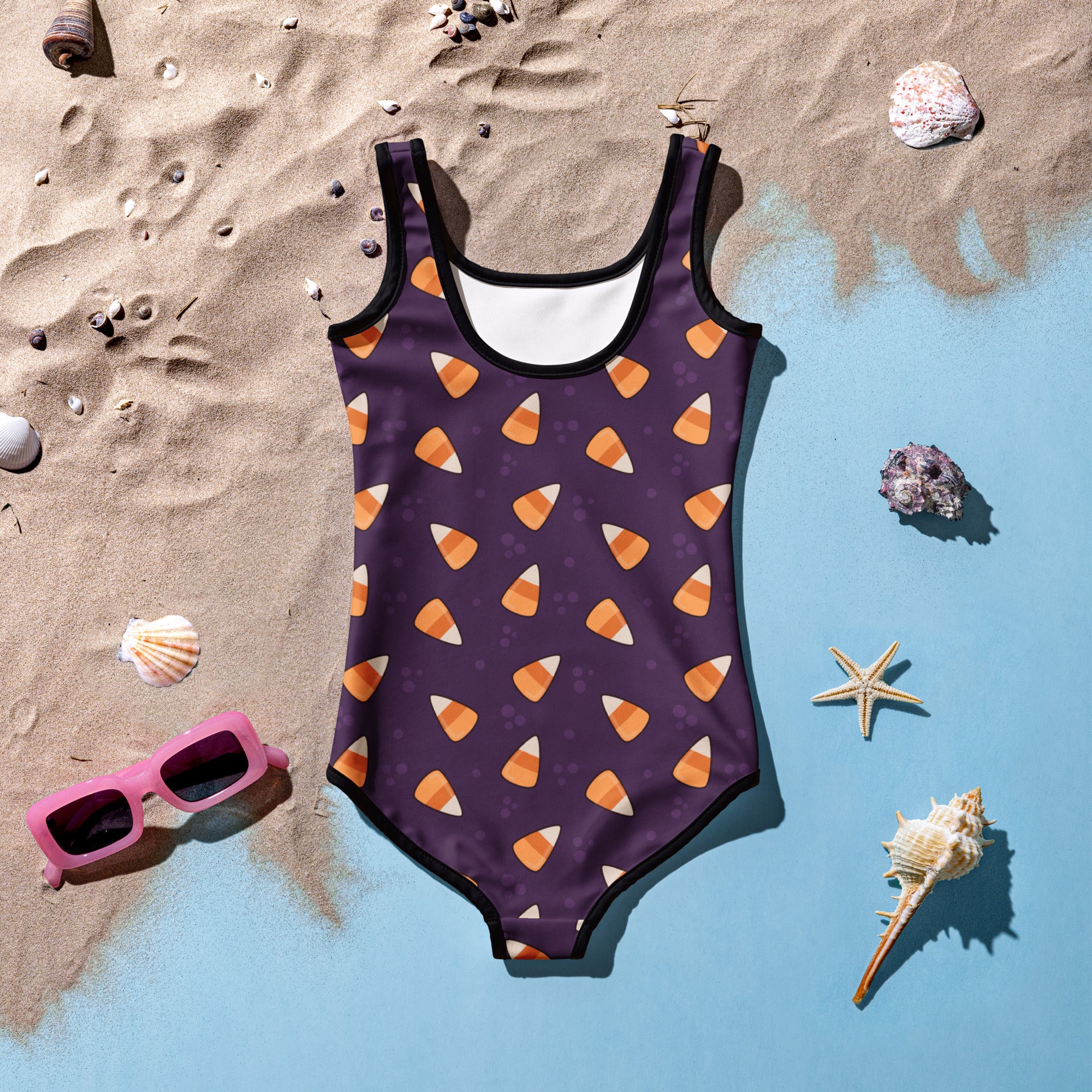 Girls Dark Purple Candy Corn Halloween One Piece Swimsuit – Buttery Soft UPF 50+ Sun Protection, Quick Dry, Double Layered Front & 4-Way Stretch