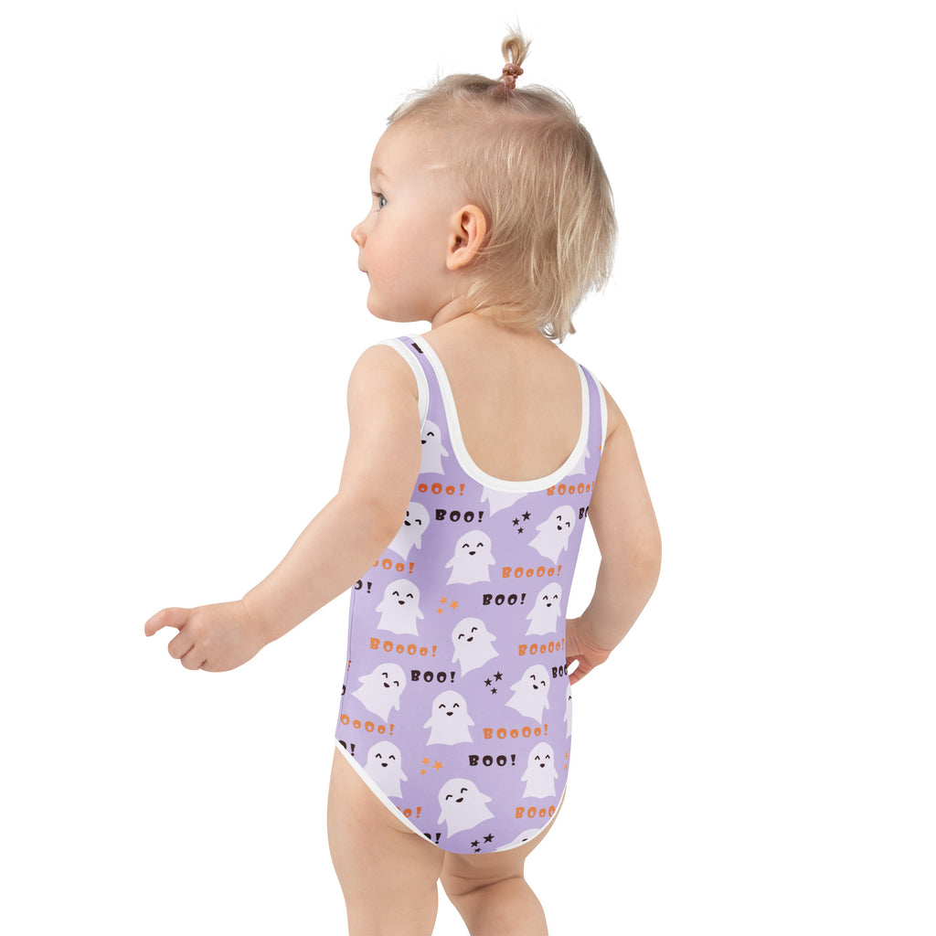 Girls Purple Ghosts Halloween One Piece Swimsuit – Buttery Soft UPF 50+ Sun Protection, Quick Dry, Double Layered Front & 4-Way Stretch