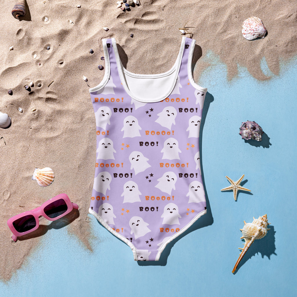 Girls Purple Ghosts Halloween One Piece Swimsuit – Buttery Soft UPF 50+ Sun Protection, Quick Dry, Double Layered Front & 4-Way Stretch