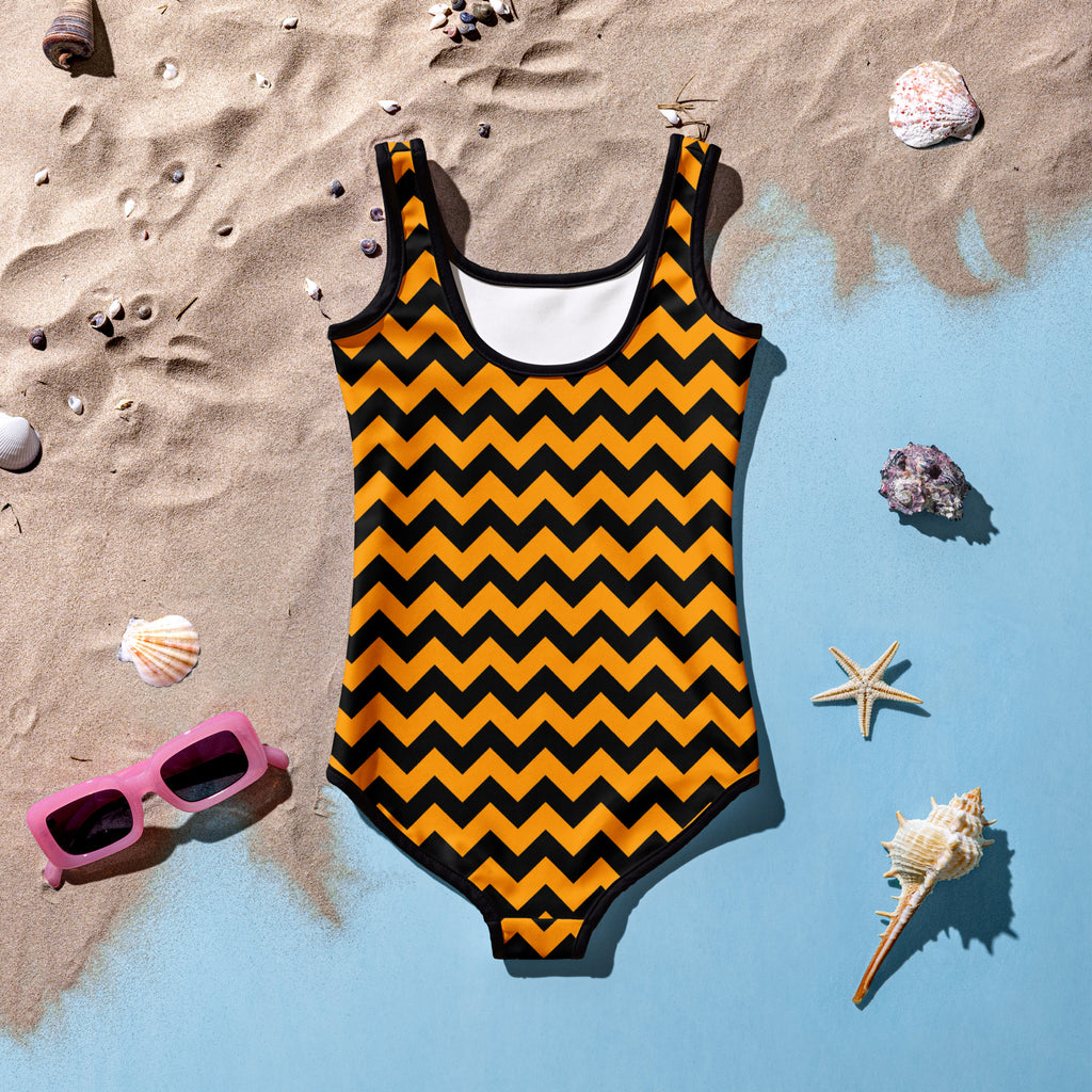 Girls Orange Chevron One Piece Swimsuit – Buttery Soft UPF 50+ Sun Protection, Quick Dry, Double Layered Front & 4-Way Stretch