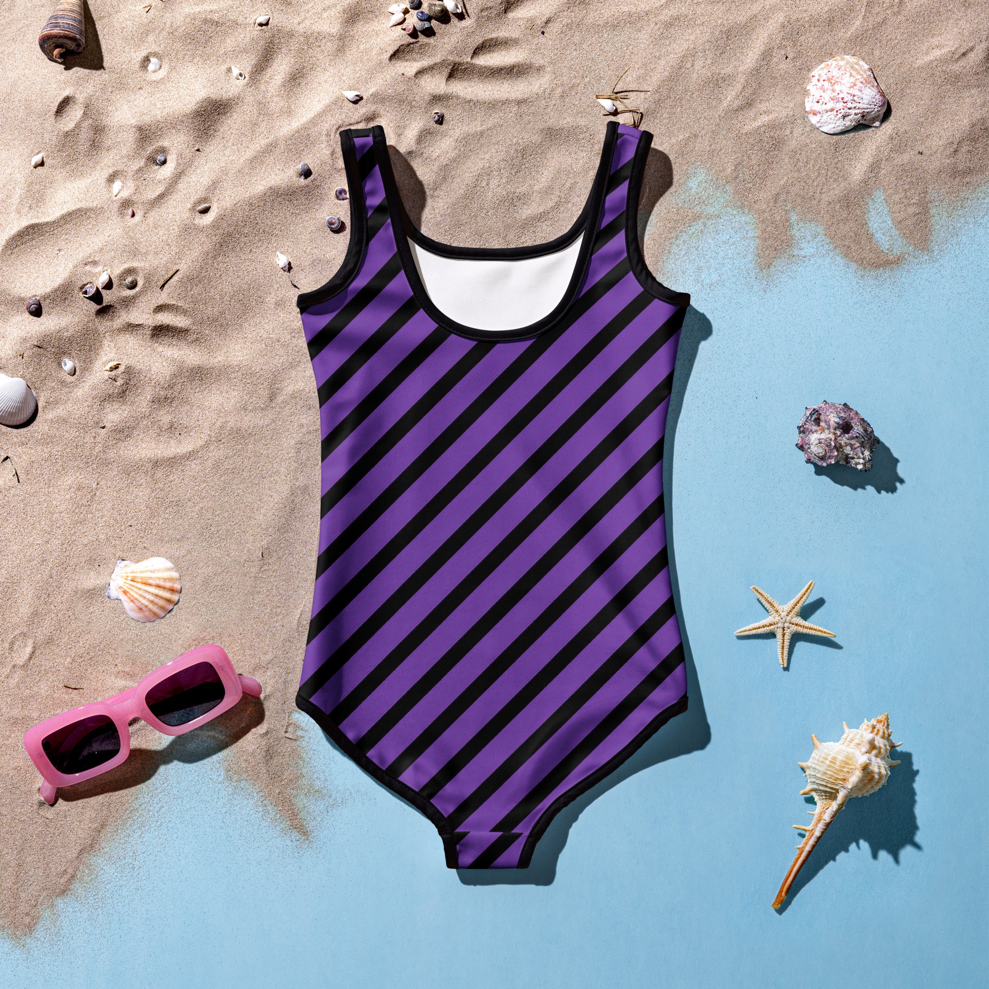 Girls Purple Striped One Piece Swimsuit – Buttery Soft UPF 50+ Sun Protection, Quick Dry, Double Layered Front & 4-Way Stretch