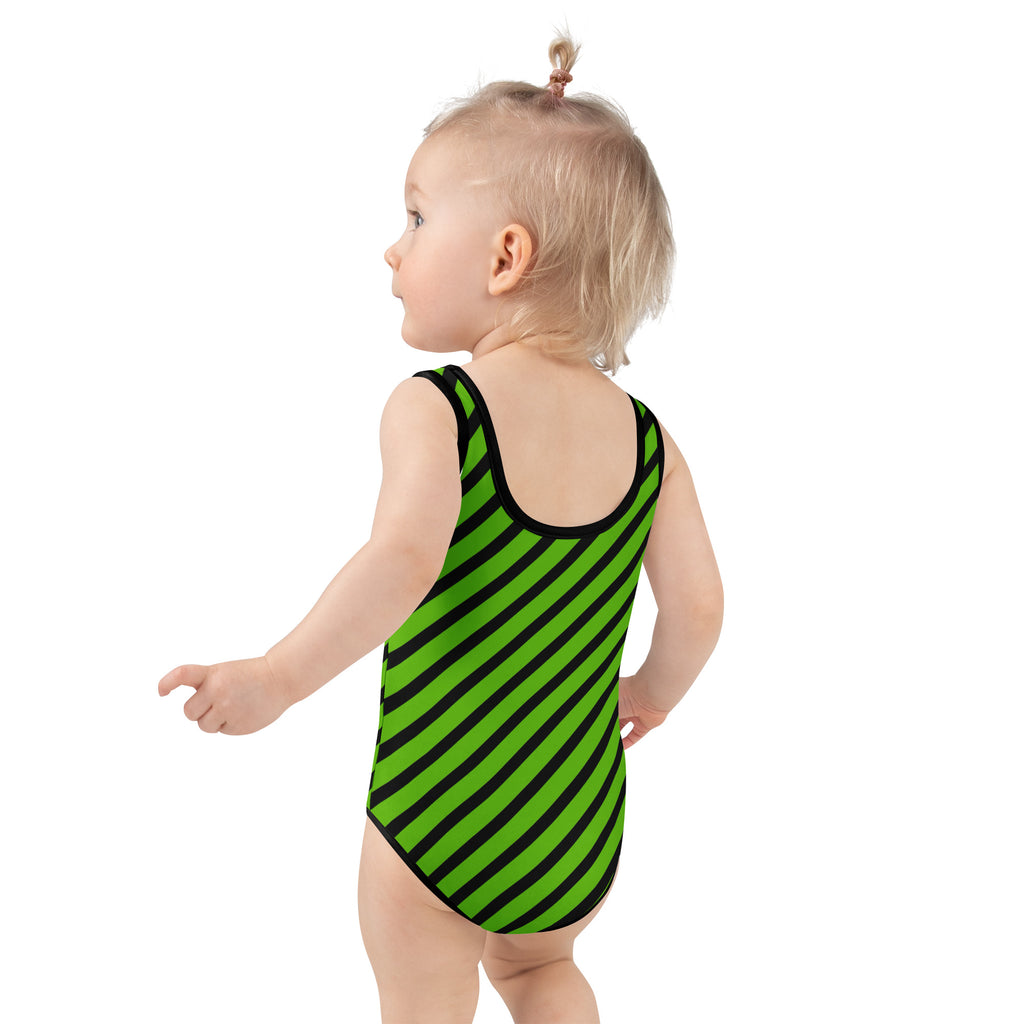 Girls Green Striped One Piece Swimsuit – Buttery Soft UPF 50+ Sun Protection, Quick Dry, Double Layered Front & 4-Way Stretch