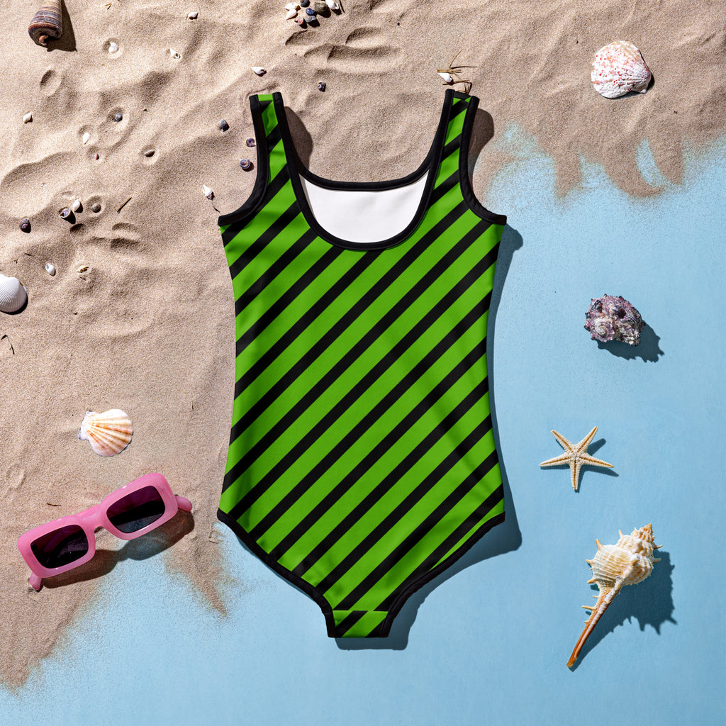 Girls Green Striped One Piece Swimsuit – Buttery Soft UPF 50+ Sun Protection, Quick Dry, Double Layered Front & 4-Way Stretch