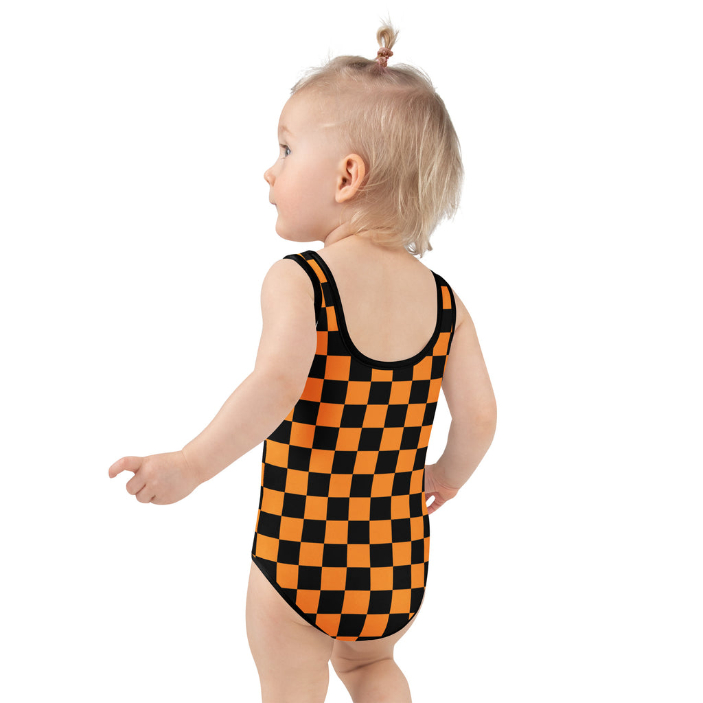 Girls Orange Checkered Halloween One Piece Swimsuit – Buttery Soft UPF 50+ Sun Protection, Quick Dry, Double Layered Front & 4-Way Stretch