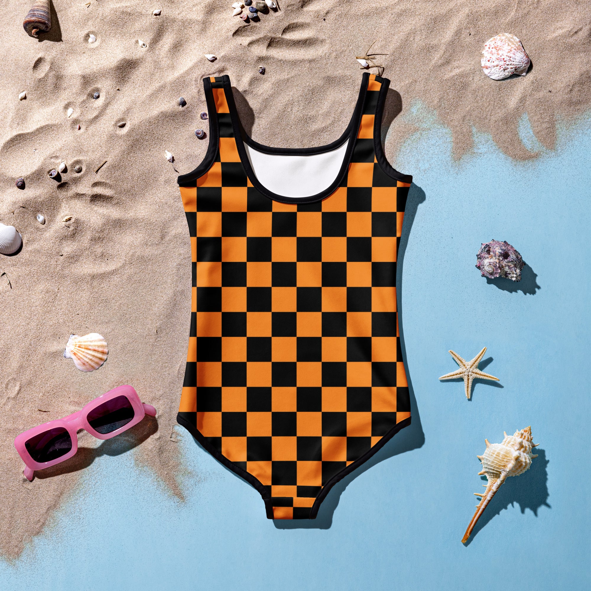 Girls Orange Checkered Halloween One Piece Swimsuit – Buttery Soft UPF 50+ Sun Protection, Quick Dry, Double Layered Front & 4-Way Stretch