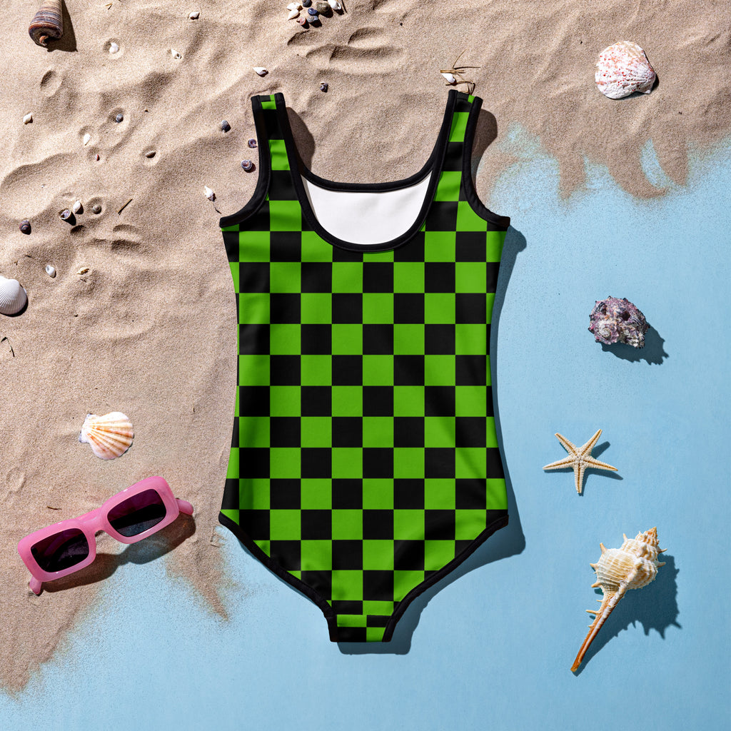 Girls Green Checkered Halloween One Piece Swimsuit – Buttery Soft UPF 50+ Sun Protection, Quick Dry, Double Layered Front & 4-Way Stretch