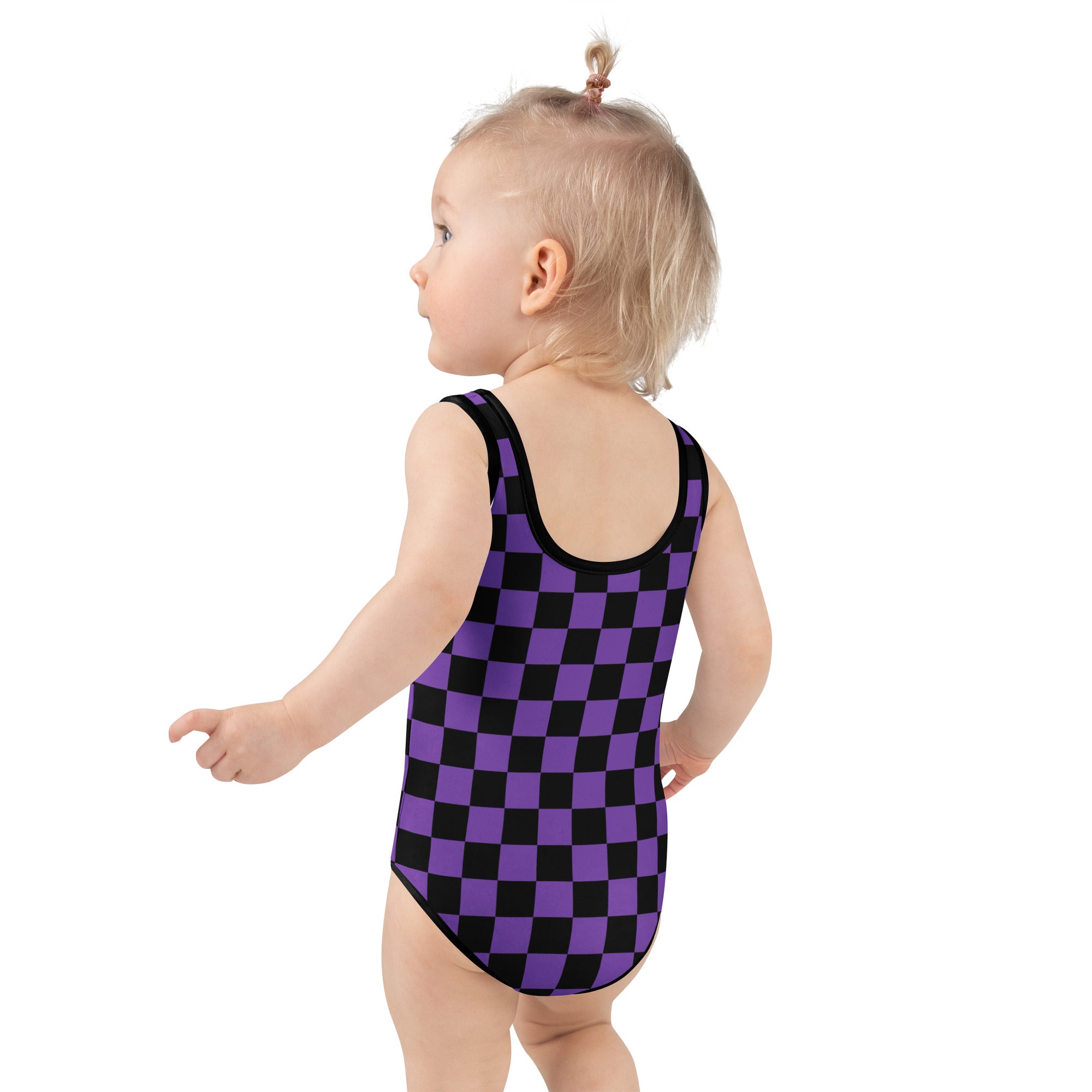 Girls Purple Checkered Halloween One Piece Swimsuit – Buttery Soft UPF 50+ Sun Protection, Quick Dry, Double Layered Front & 4-Way Stretch
