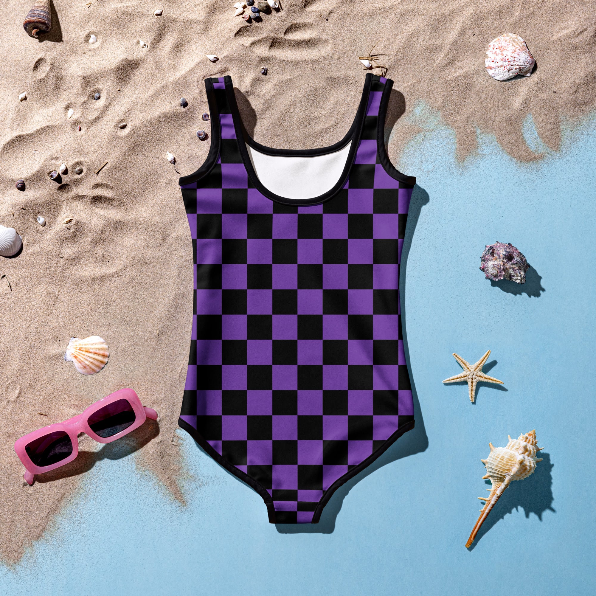 Girls Purple Checkered Halloween One Piece Swimsuit – Buttery Soft UPF 50+ Sun Protection, Quick Dry, Double Layered Front & 4-Way Stretch