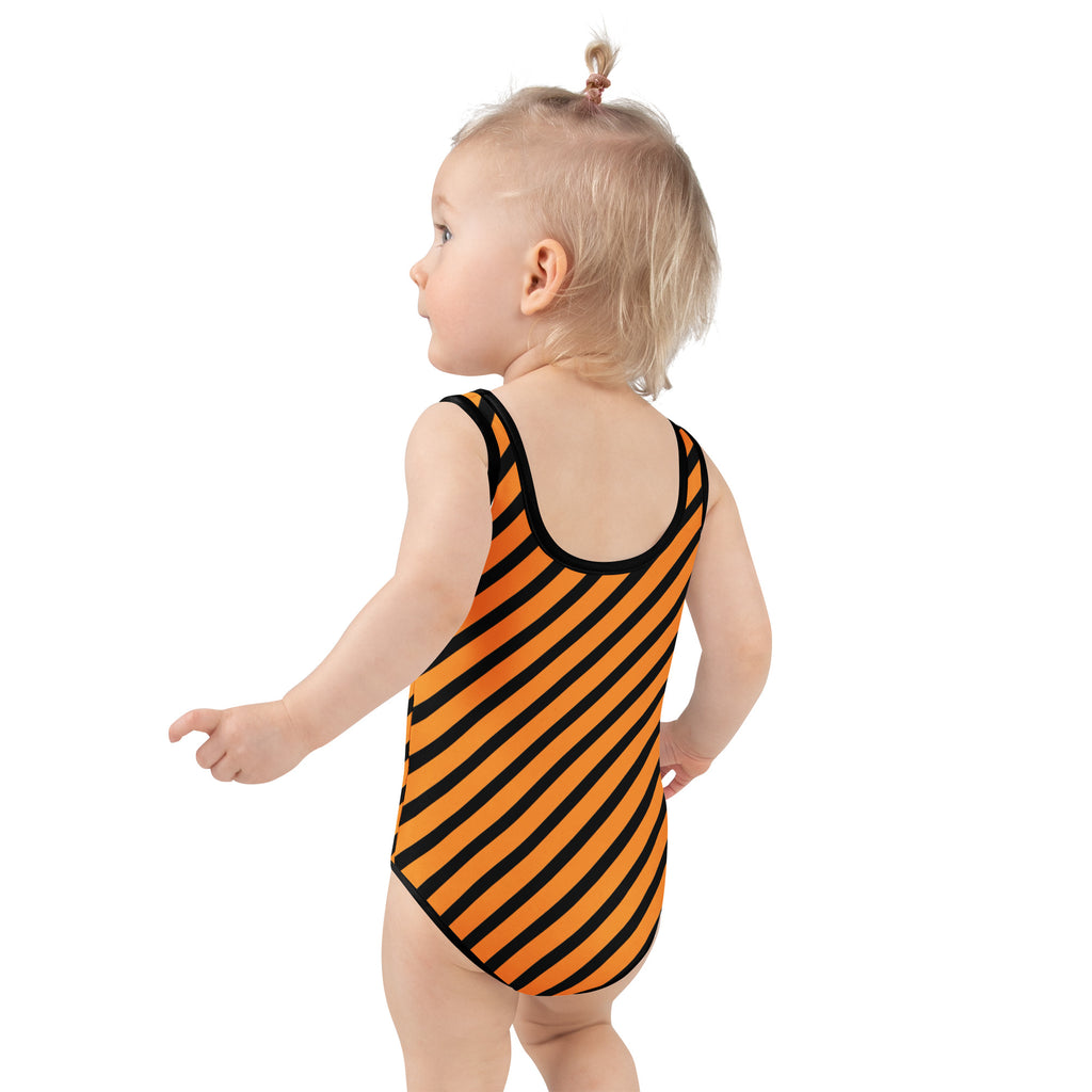 Girls Orange Striped One Piece Swimsuit – Buttery Soft UPF 50+ Sun Protection, Quick Dry, Double Layered Front & 4-Way Stretch