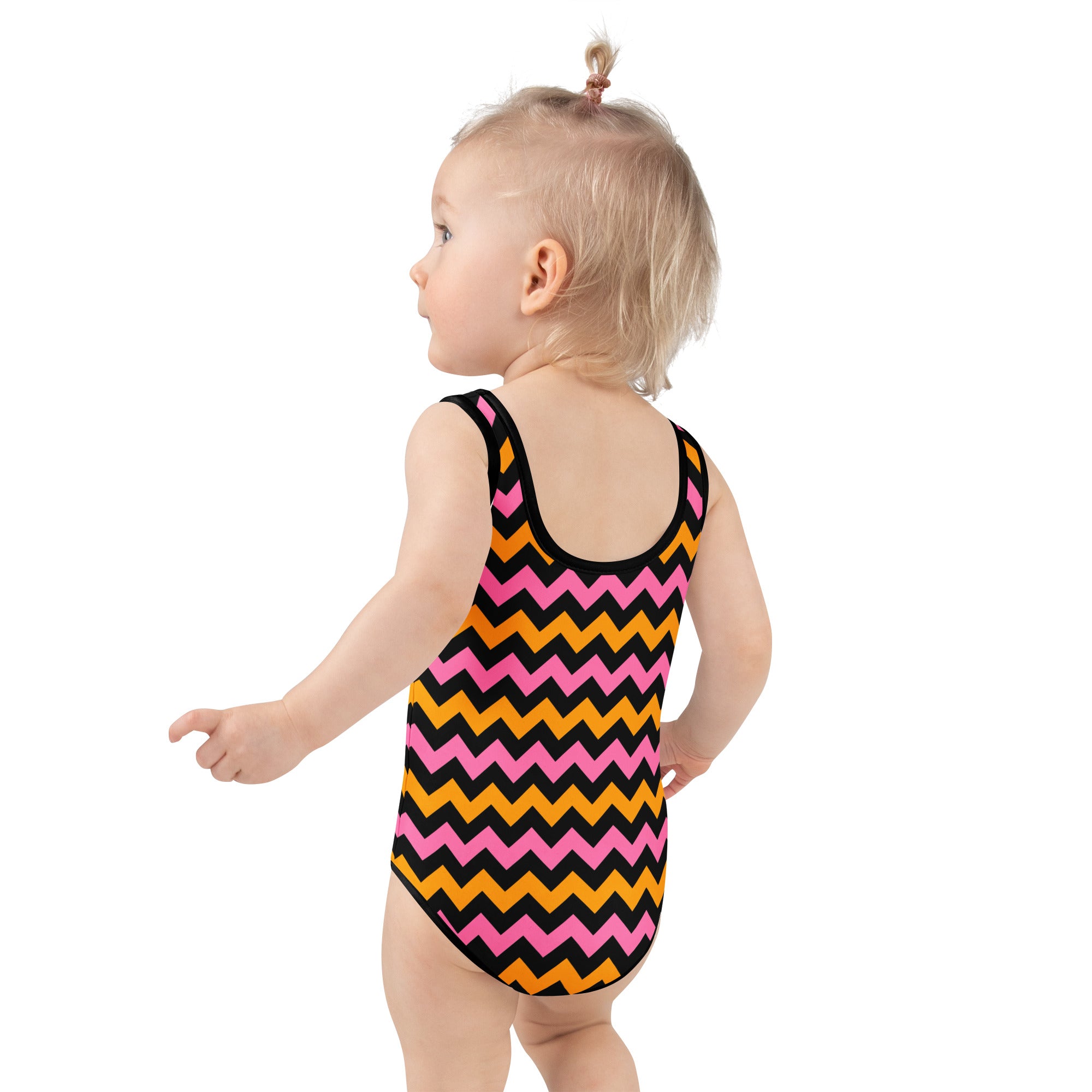 Girls Pink Orange Chevron Halloween One Piece Swimsuit – Buttery Soft UPF 50+ Sun Protection, Quick Dry, Double Layered Front & 4-Way Stretch