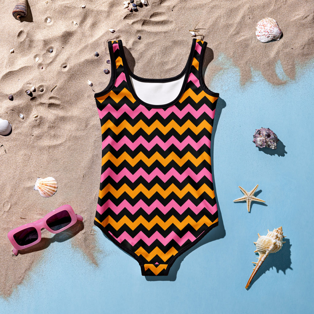 Girls Pink Orange Chevron Halloween One Piece Swimsuit – Buttery Soft UPF 50+ Sun Protection, Quick Dry, Double Layered Front & 4-Way Stretch