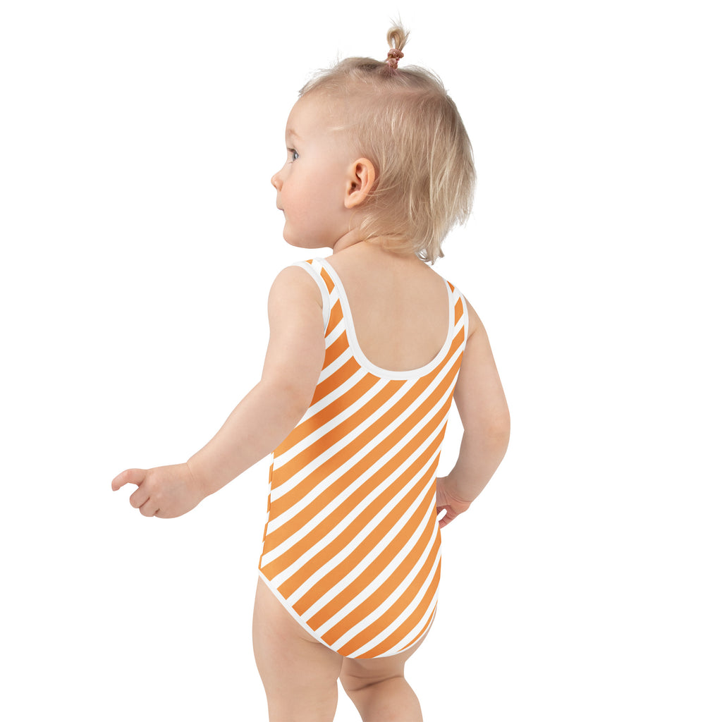 Girls Orange White Striped One Piece Swimsuit – Buttery Soft UPF 50+ Sun Protection, Quick Dry, Double Layered Front & 4-Way Stretch