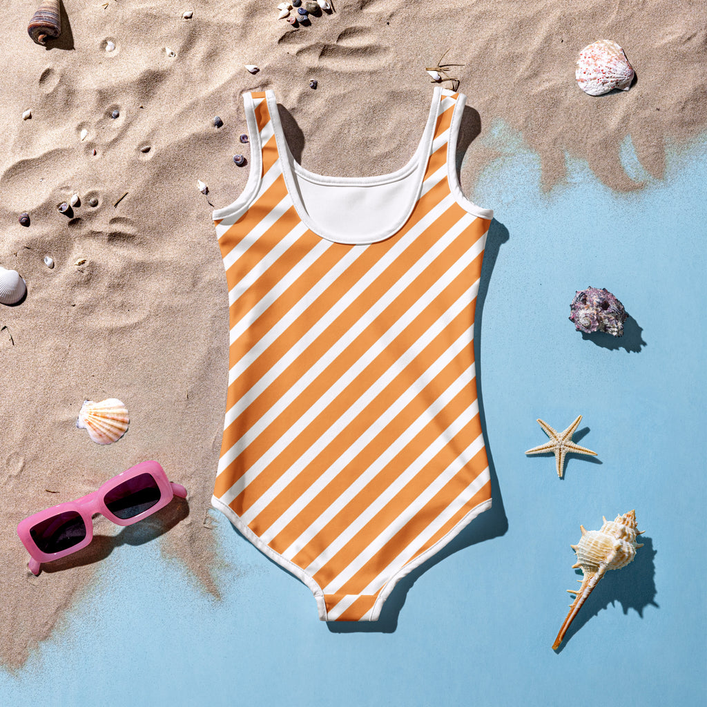 Girls Orange White Striped One Piece Swimsuit – Buttery Soft UPF 50+ Sun Protection, Quick Dry, Double Layered Front & 4-Way Stretch