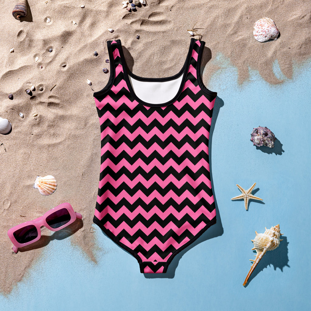 Girls Pink Chevron One Piece Swimsuit – Buttery Soft UPF 50+ Sun Protection, Quick Dry, Double Layered Front & 4-Way Stretch