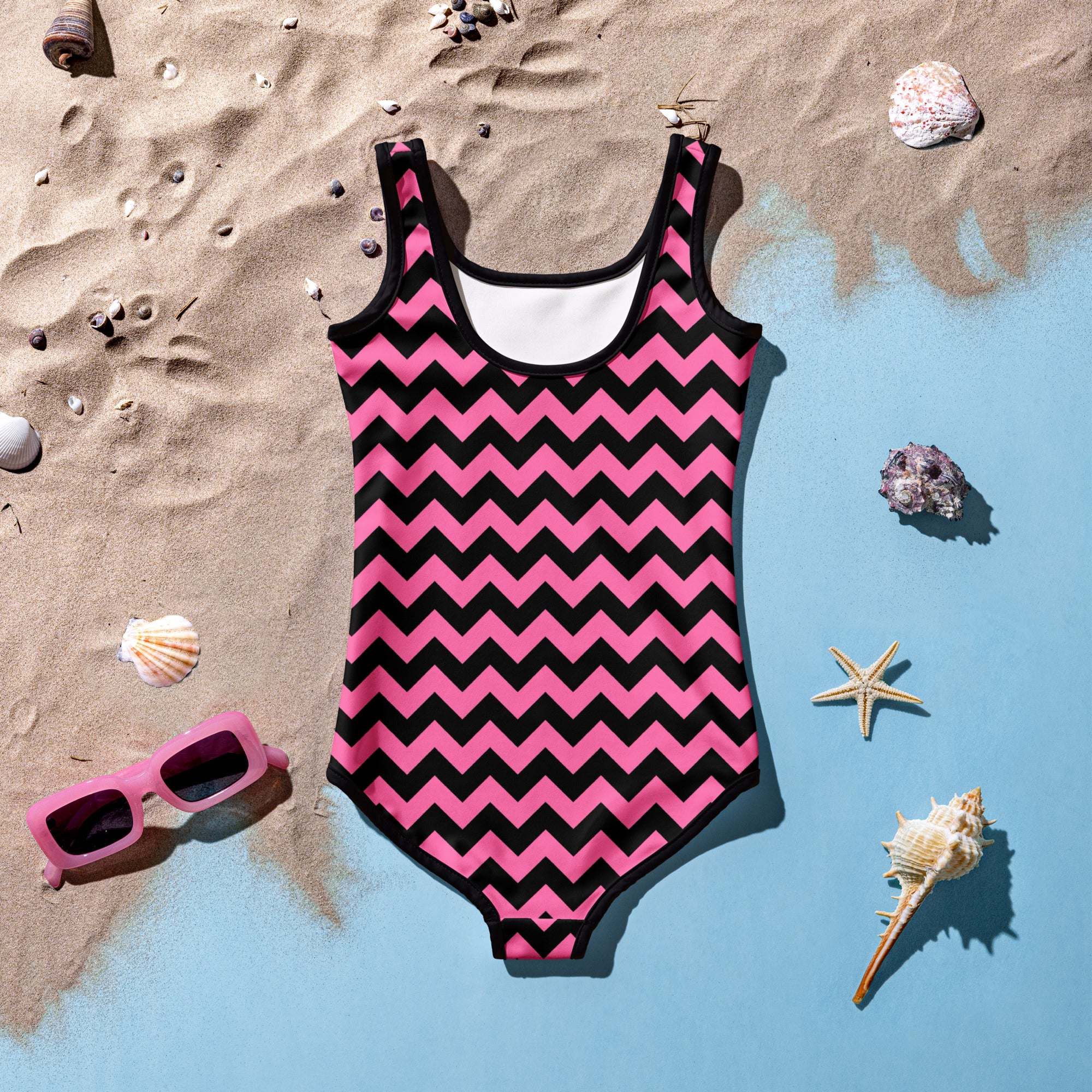 Girls Pink Chevron One Piece Swimsuit – Buttery Soft UPF 50+ Sun Protection, Quick Dry, Double Layered Front & 4-Way Stretch