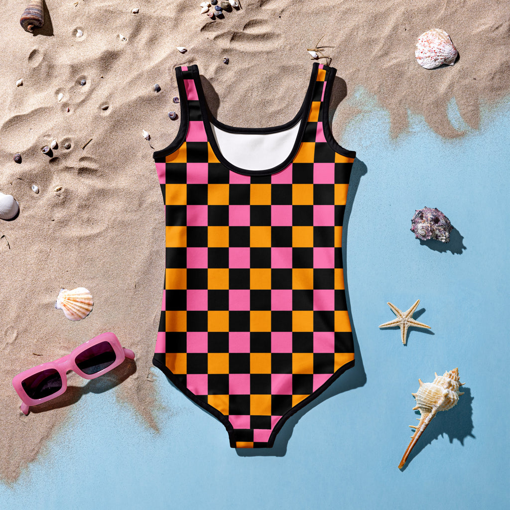 Girls Pink Orange Checkered Halloween One Piece Swimsuit – Buttery Soft UPF 50+ Sun Protection, Quick Dry, Double Layered Front & 4-Way Stretch